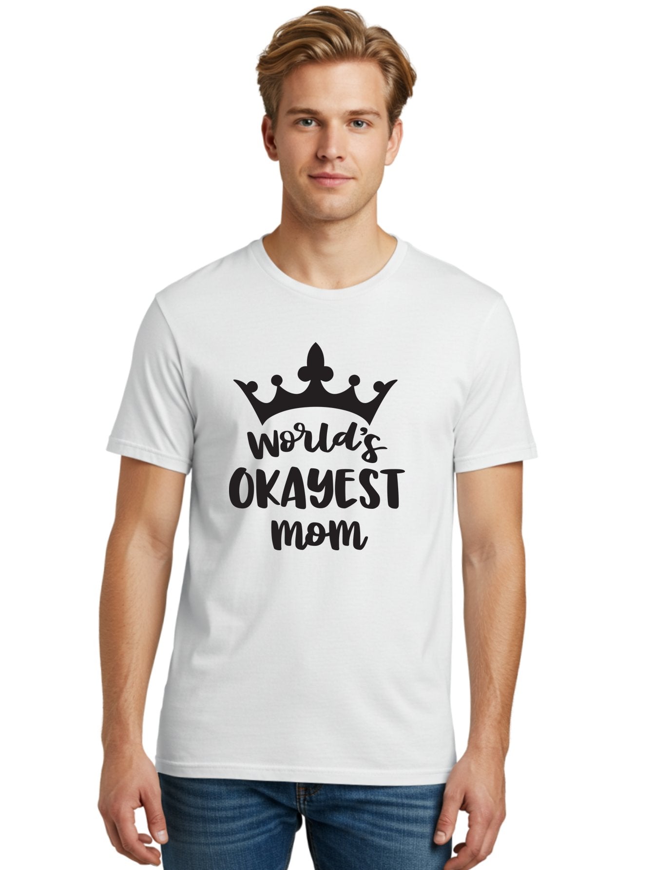 World-S-Okayest-Mom Men'S Graphic Tee, 100% Cotton, Comfortable Casual Summer Wear, Machine Washable, Funny Mom Quote, Okayest Mom, Mother'S Day Gift, Mom Humor, Crown Design, Playful Typography, Mom'S Day, Funny Crown Aad317 21