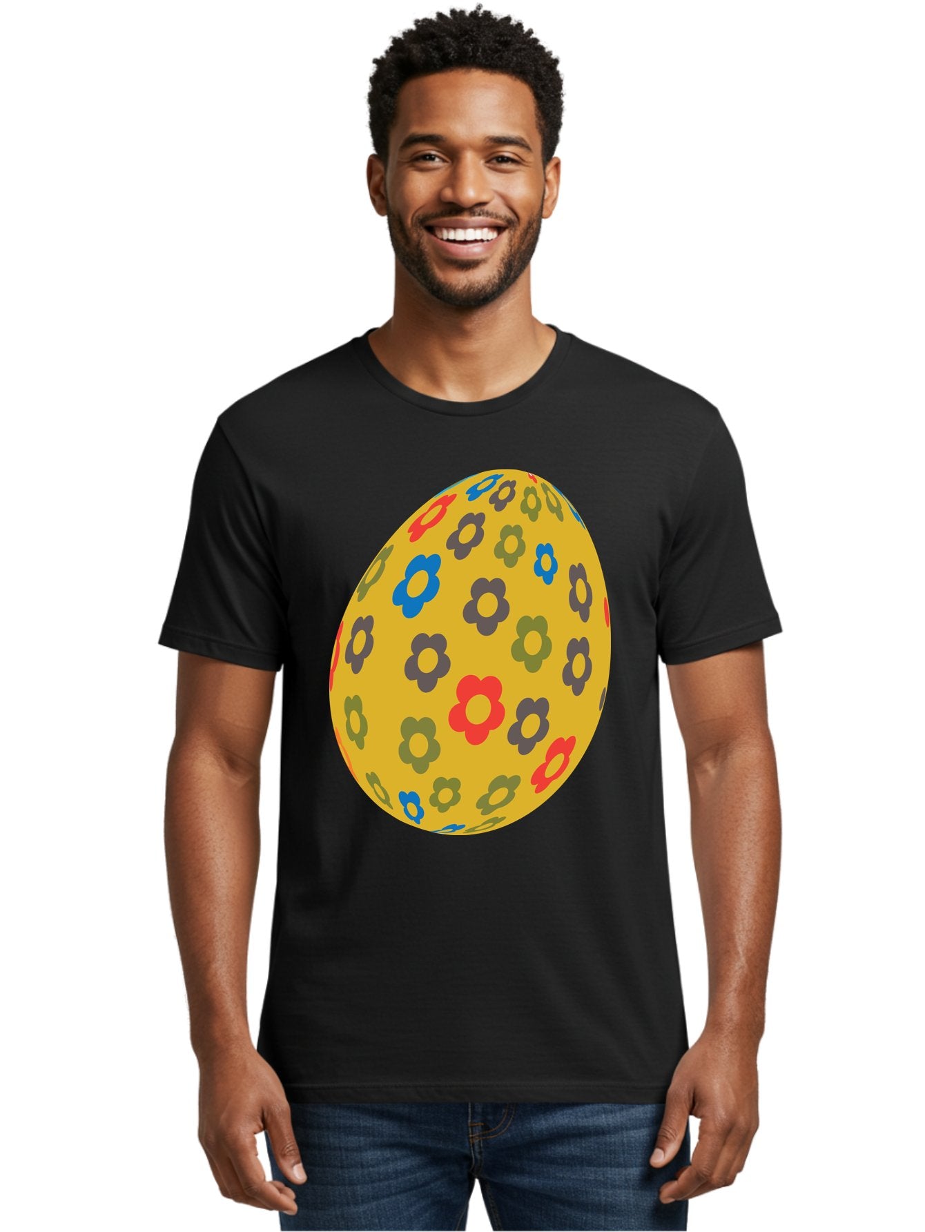 Yellow-Easter-Egg Men'S Graphic Tee, 100% Cotton, Comfortable Casual Summer Wear, Machine Washable, Easter Egg, Floral Pattern, Yellow Background, Colorful Flowers, Red, Blue, Purple, Green Hues, Spring Decoration, Festive Design, Aad325 26