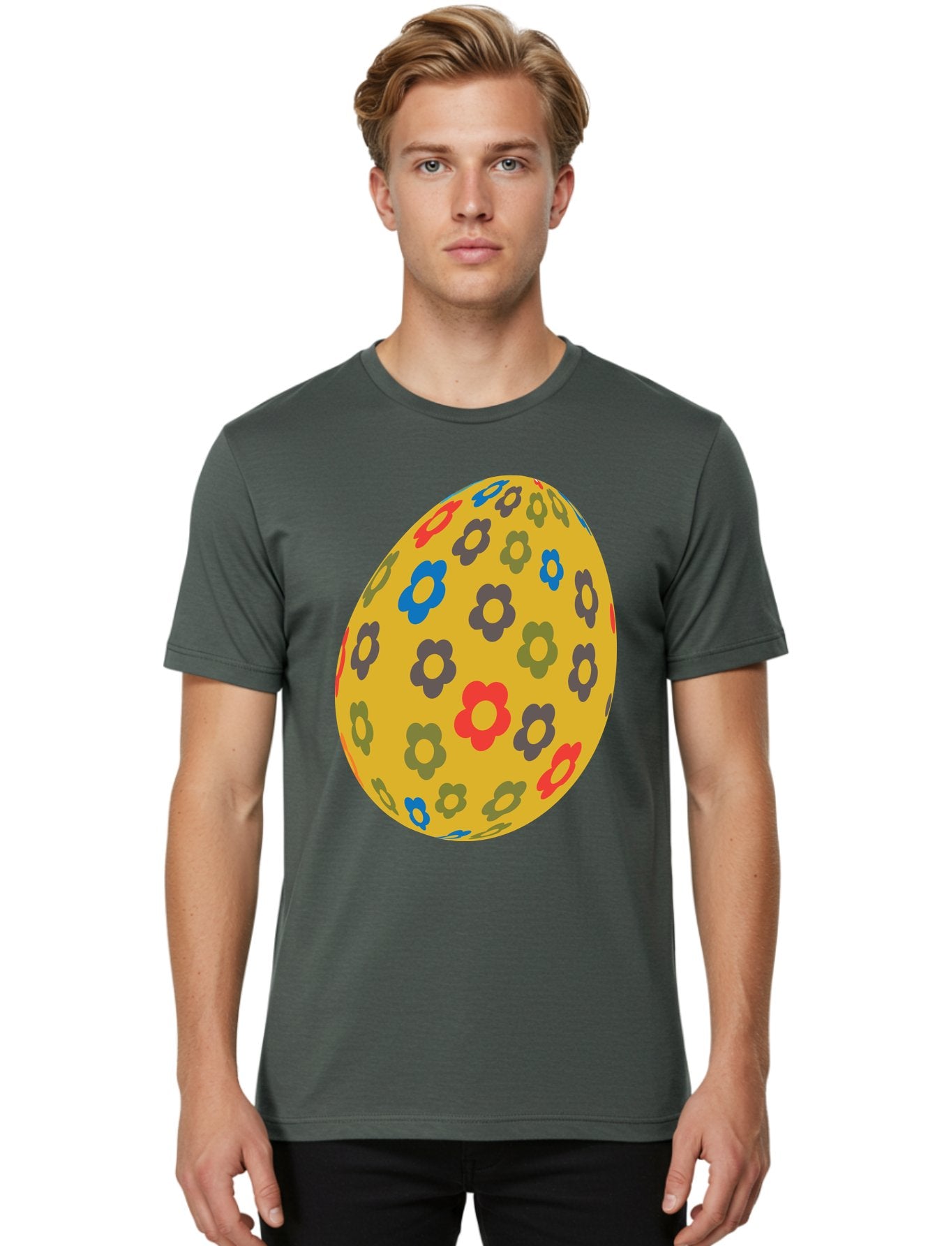 Yellow-Easter-Egg Men'S Graphic Tee, 100% Cotton, Comfortable Casual Summer Wear, Machine Washable, Easter Egg, Floral Pattern, Yellow Background, Colorful Flowers, Red, Blue, Purple, Green Hues, Spring Decoration, Festive Design, Aad325 17