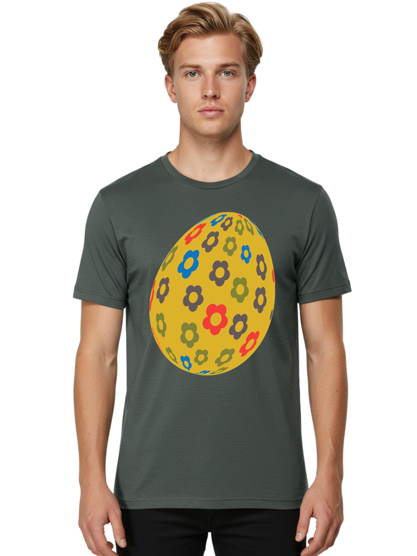 Yellow-Easter-Egg Men'S Graphic Tee, 100% Cotton, Comfortable Casual Summer Wear, Machine Washable, Easter Egg, Floral Pattern, Yellow Background, Colorful Flowers, Red, Blue, Purple, Green Hues, Spring Decoration, Festive Design, Aad325 28