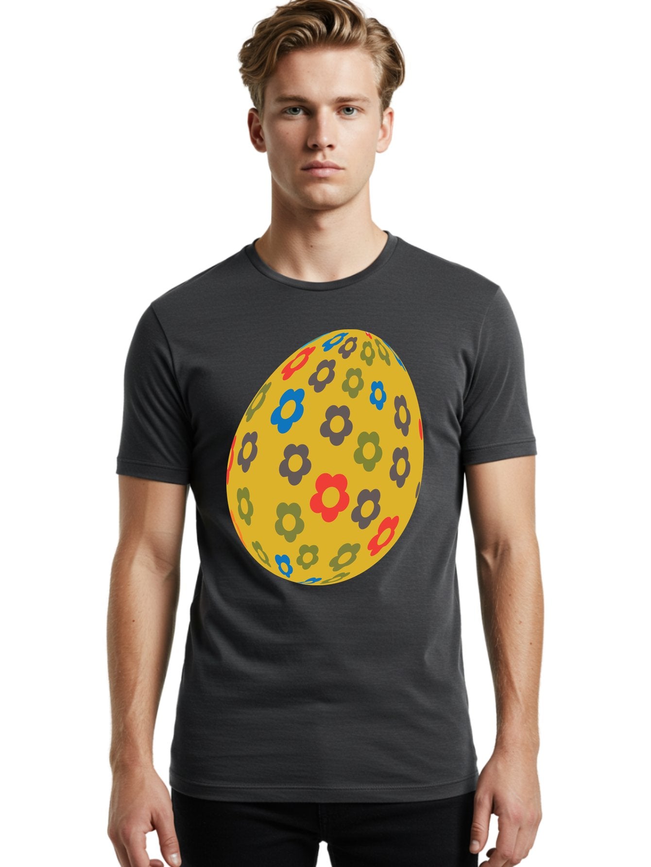Yellow-Easter-Egg Men'S Graphic Tee, 100% Cotton, Comfortable Casual Summer Wear, Machine Washable, Easter Egg, Floral Pattern, Yellow Background, Colorful Flowers, Red, Blue, Purple, Green Hues, Spring Decoration, Festive Design, Aad325 21