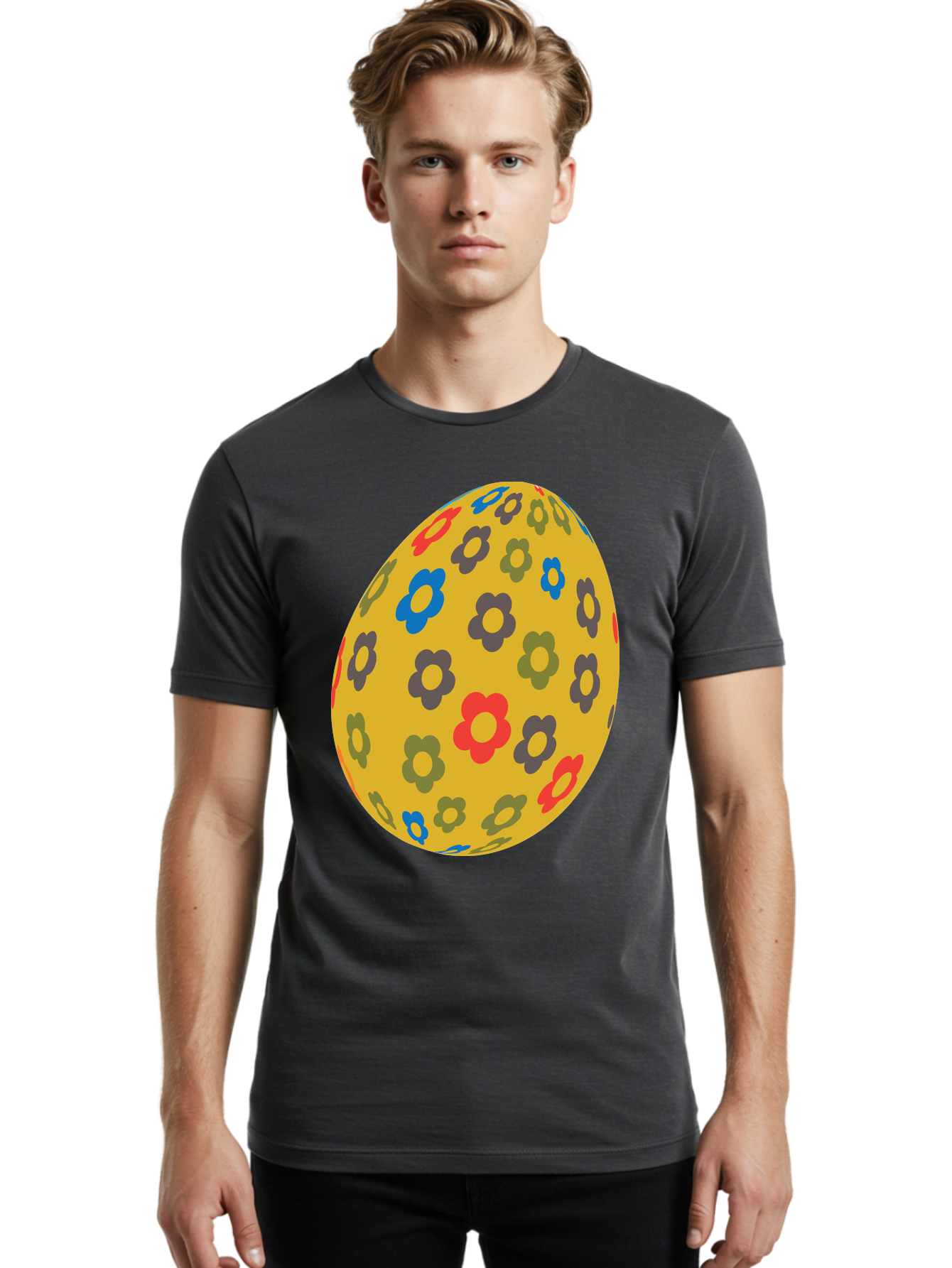 Yellow-Easter-Egg Men'S Graphic Tee, 100% Cotton, Comfortable Casual Summer Wear, Machine Washable, Easter Egg, Floral Pattern, Yellow Background, Colorful Flowers, Red, Blue, Purple, Green Hues, Spring Decoration, Festive Design, Aad325 20