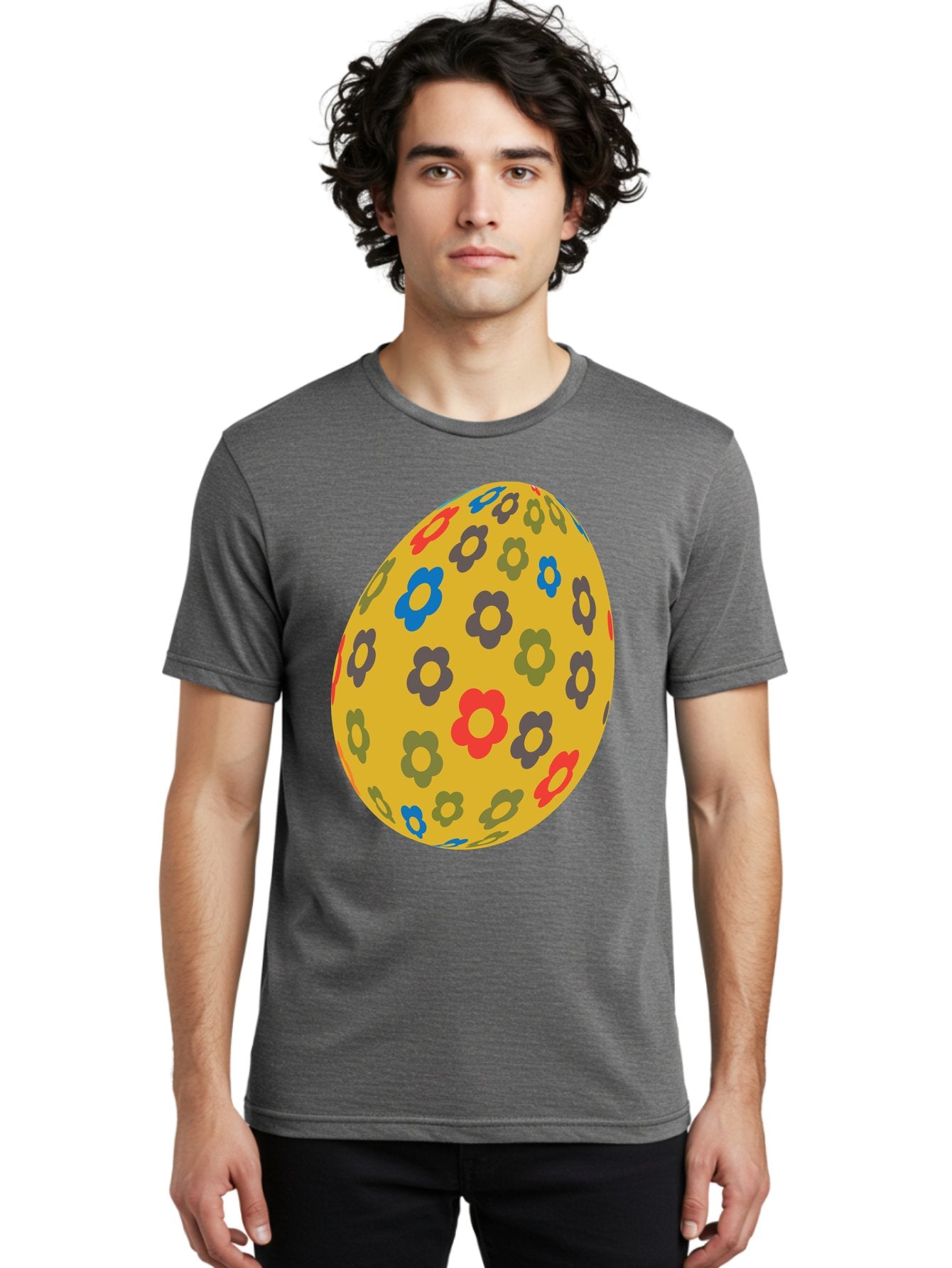Yellow-Easter-Egg Men'S Graphic Tee, 100% Cotton, Comfortable Casual Summer Wear, Machine Washable, Easter Egg, Floral Pattern, Yellow Background, Colorful Flowers, Red, Blue, Purple, Green Hues, Spring Decoration, Festive Design, Aad325 24