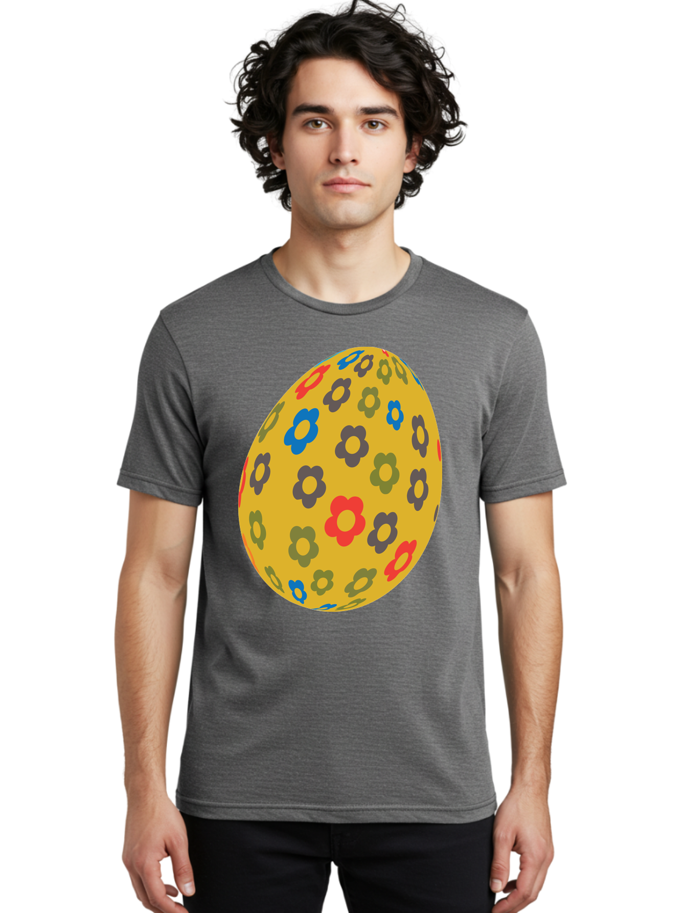 Yellow-Easter-Egg Men'S Graphic Tee, 100% Cotton, Comfortable Casual Summer Wear, Machine Washable, Easter Egg, Floral Pattern, Yellow Background, Colorful Flowers, Red, Blue, Purple, Green Hues, Spring Decoration, Festive Design, Aad325 14