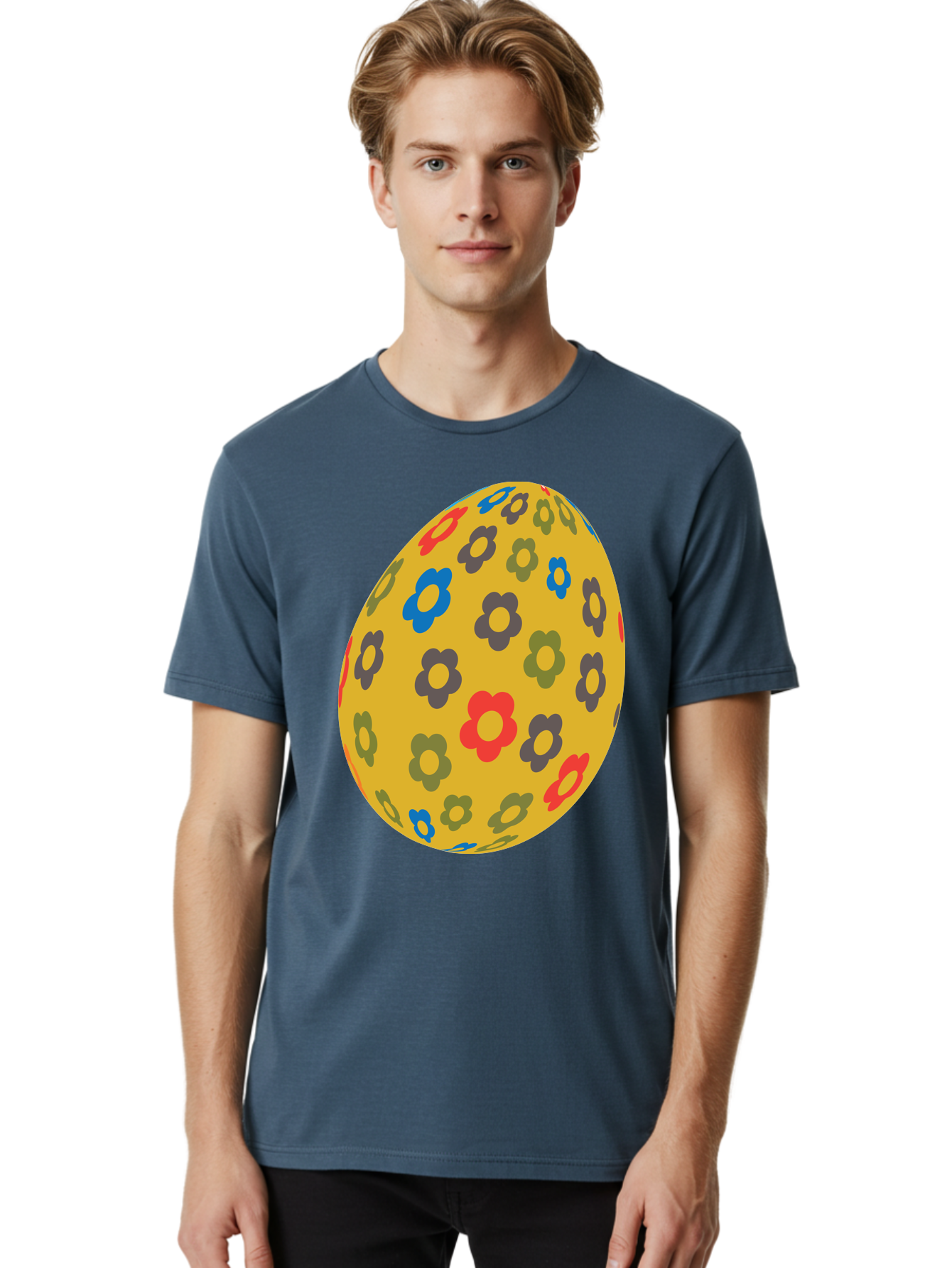 Yellow-Easter-Egg Men'S Graphic Tee, 100% Cotton, Comfortable Casual Summer Wear, Machine Washable, Easter Egg, Floral Pattern, Yellow Background, Colorful Flowers, Red, Blue, Purple, Green Hues, Spring Decoration, Festive Design, Aad325 4