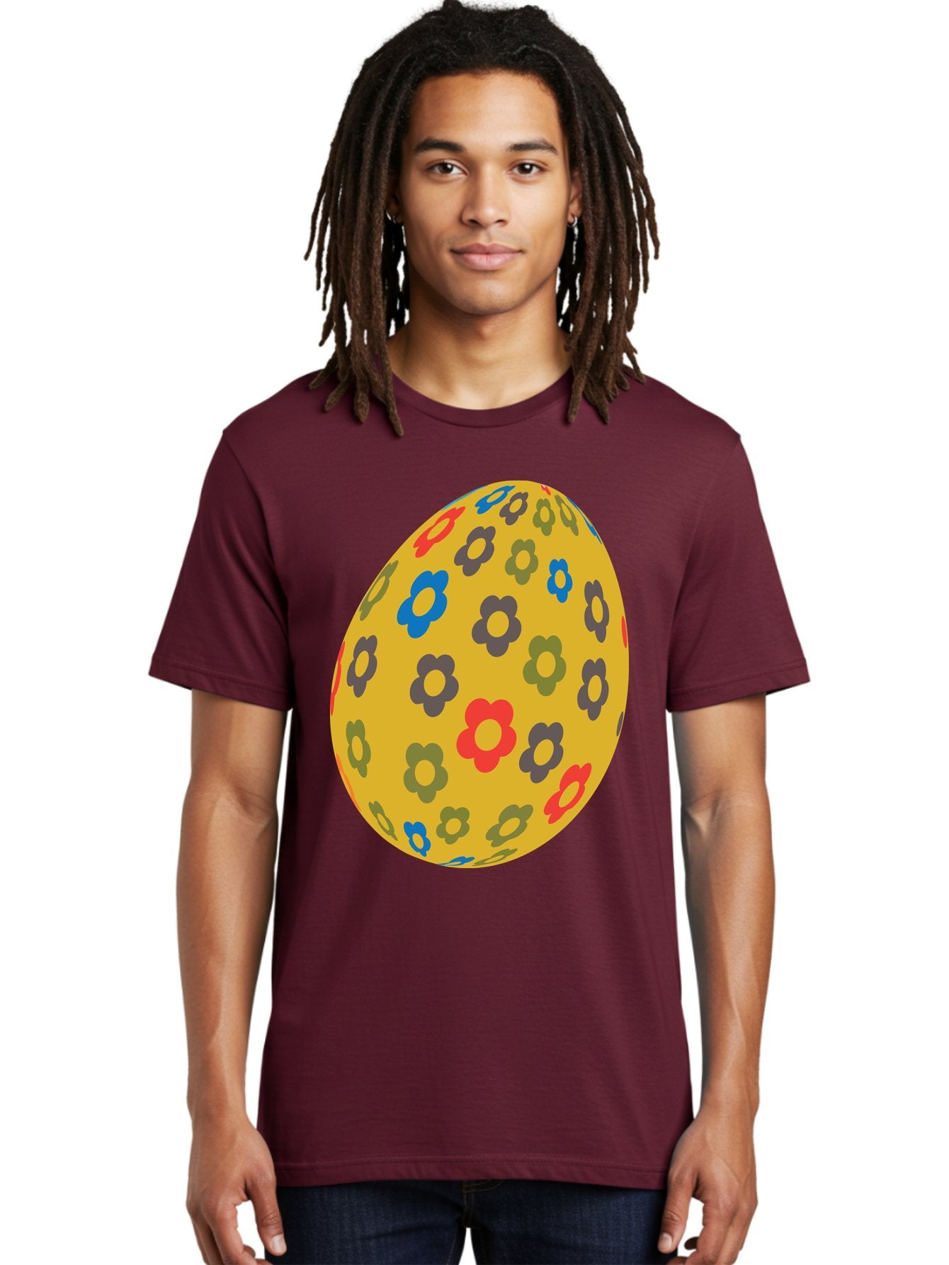 Yellow-Easter-Egg Men'S Graphic Tee, 100% Cotton, Comfortable Casual Summer Wear, Machine Washable, Easter Egg, Floral Pattern, Yellow Background, Colorful Flowers, Red, Blue, Purple, Green Hues, Spring Decoration, Festive Design, Aad325 30