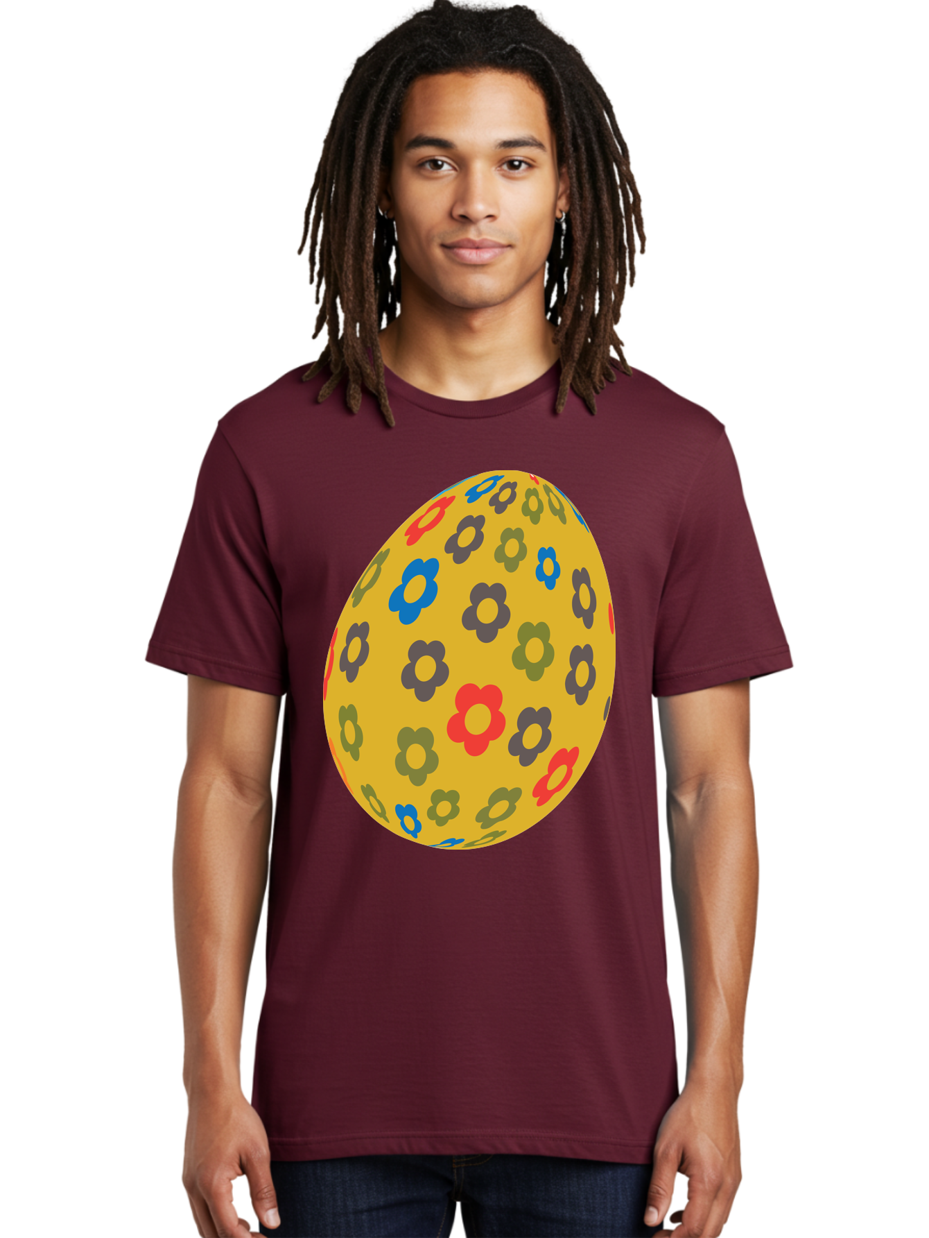 Yellow-Easter-Egg Men'S Graphic Tee, 100% Cotton, Comfortable Casual Summer Wear, Machine Washable, Easter Egg, Floral Pattern, Yellow Background, Colorful Flowers, Red, Blue, Purple, Green Hues, Spring Decoration, Festive Design, Aad325