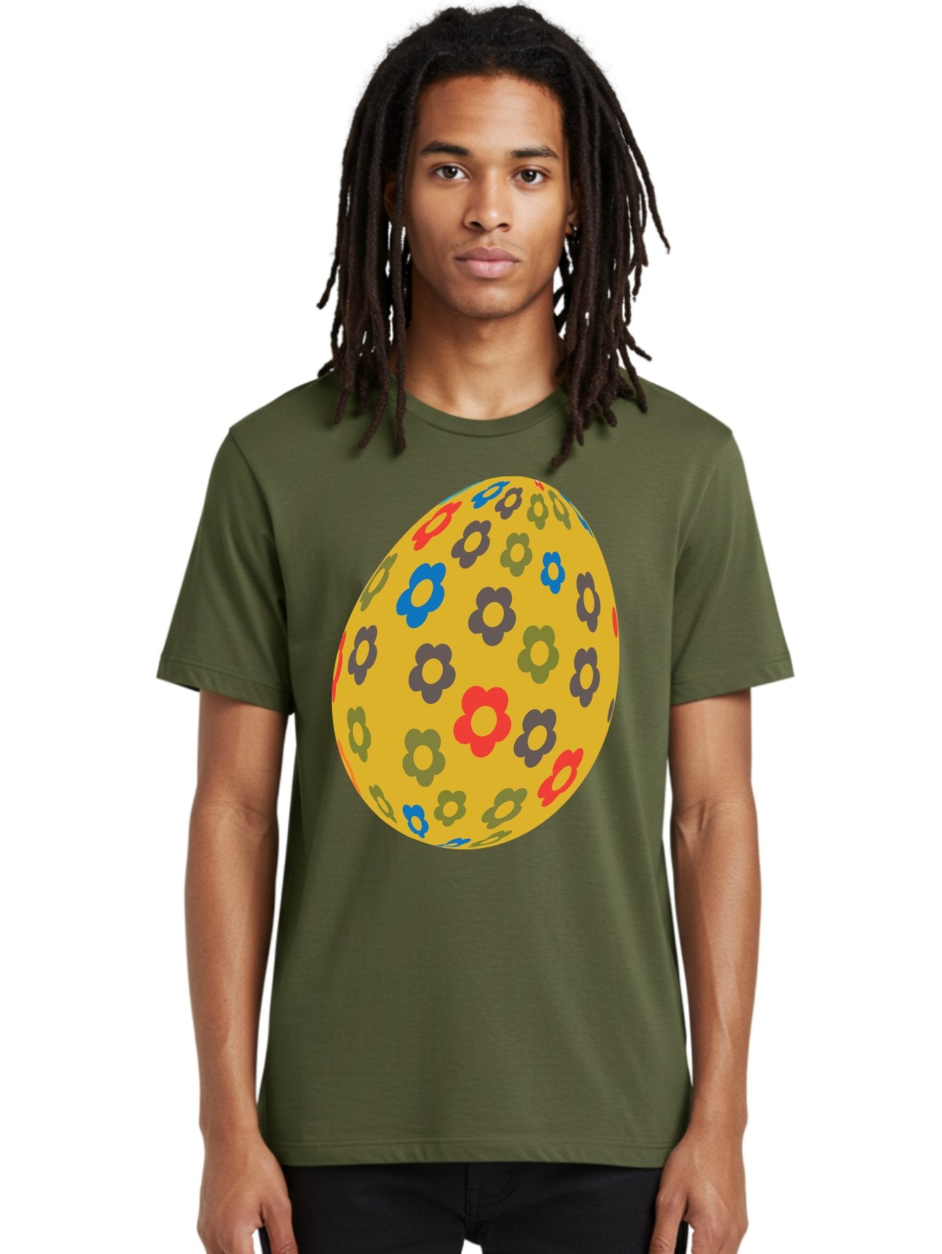 Yellow-Easter-Egg Men'S Graphic Tee, 100% Cotton, Comfortable Casual Summer Wear, Machine Washable, Easter Egg, Floral Pattern, Yellow Background, Colorful Flowers, Red, Blue, Purple, Green Hues, Spring Decoration, Festive Design, Aad325 16