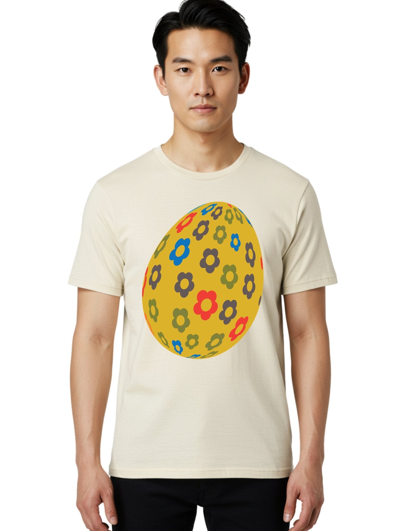 Yellow-Easter-Egg Men'S Graphic Tee, 100% Cotton, Comfortable Casual Summer Wear, Machine Washable, Easter Egg, Floral Pattern, Yellow Background, Colorful Flowers, Red, Blue, Purple, Green Hues, Spring Decoration, Festive Design, Aad325 22