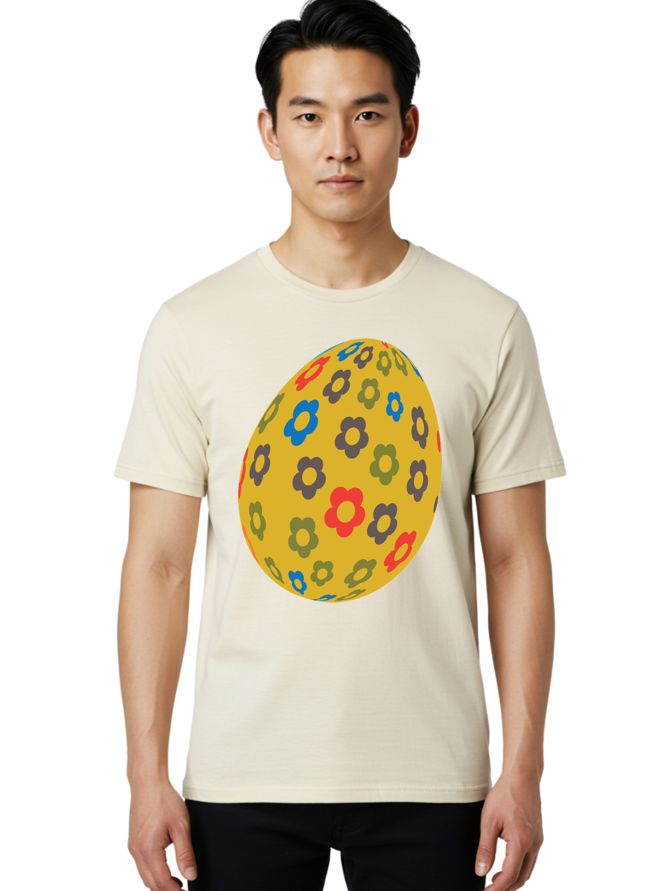 Yellow-Easter-Egg Men'S Graphic Tee, 100% Cotton, Comfortable Casual Summer Wear, Machine Washable, Easter Egg, Floral Pattern, Yellow Background, Colorful Flowers, Red, Blue, Purple, Green Hues, Spring Decoration, Festive Design, Aad325 18