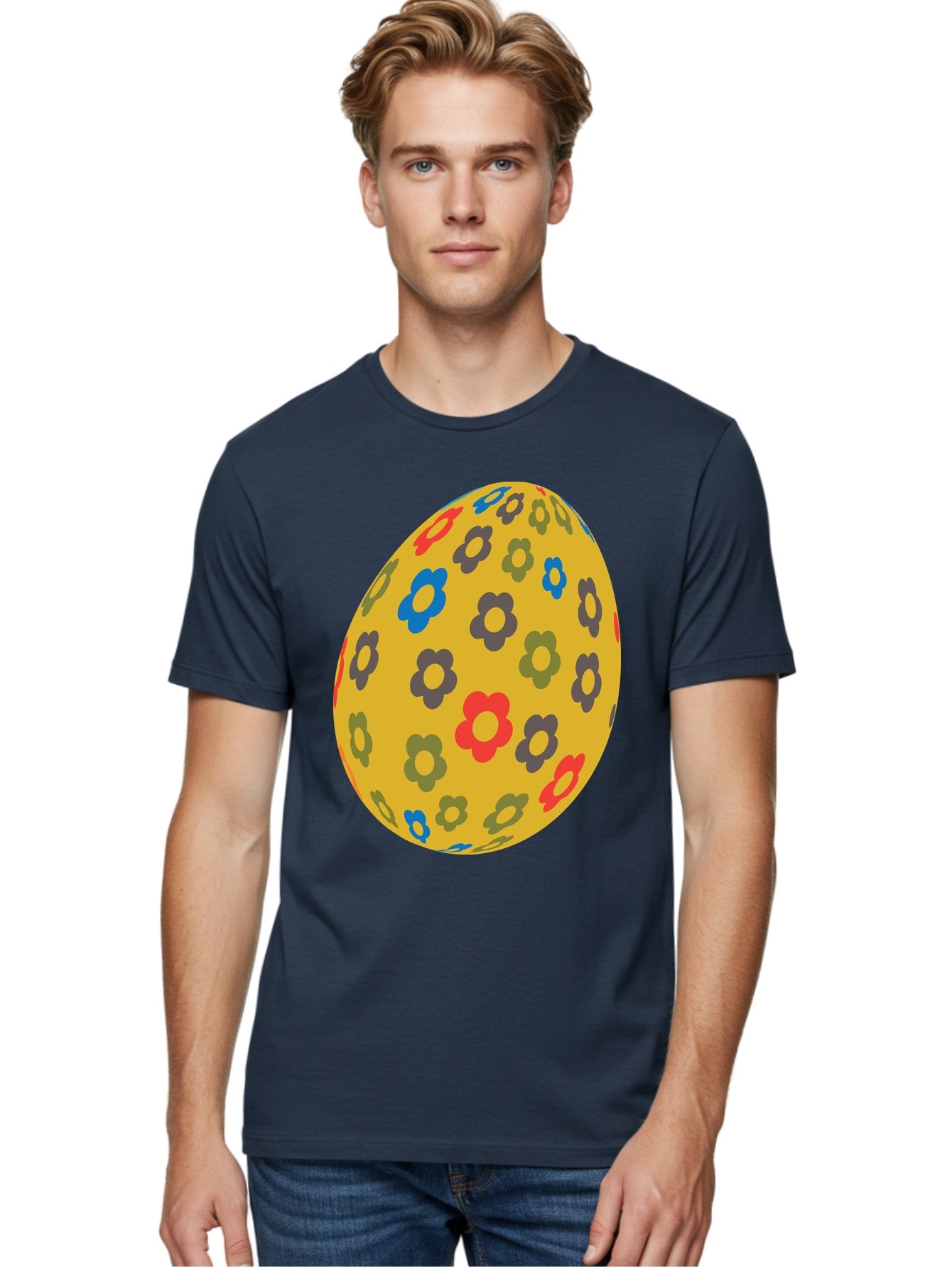 Yellow-Easter-Egg Men'S Graphic Tee, 100% Cotton, Comfortable Casual Summer Wear, Machine Washable, Easter Egg, Floral Pattern, Yellow Background, Colorful Flowers, Red, Blue, Purple, Green Hues, Spring Decoration, Festive Design, Aad325 28