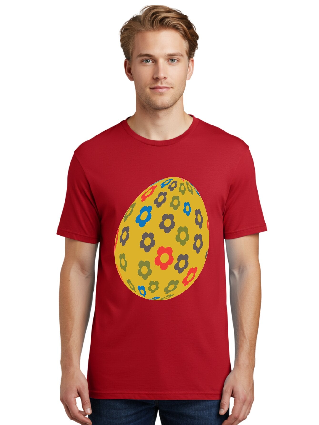 Yellow-Easter-Egg Men'S Graphic Tee, 100% Cotton, Comfortable Casual Summer Wear, Machine Washable, Easter Egg, Floral Pattern, Yellow Background, Colorful Flowers, Red, Blue, Purple, Green Hues, Spring Decoration, Festive Design, Aad325 19