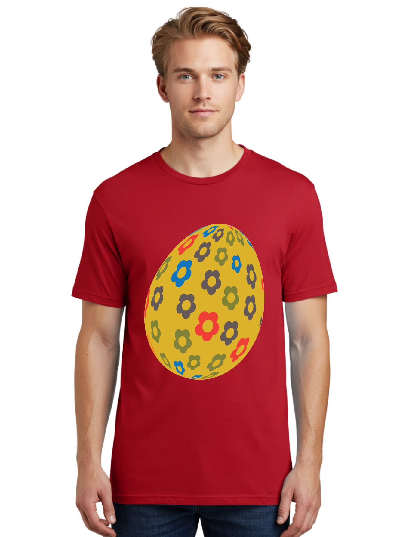 Yellow-Easter-Egg Men'S Graphic Tee, 100% Cotton, Comfortable Casual Summer Wear, Machine Washable, Easter Egg, Floral Pattern, Yellow Background, Colorful Flowers, Red, Blue, Purple, Green Hues, Spring Decoration, Festive Design, Aad325 22
