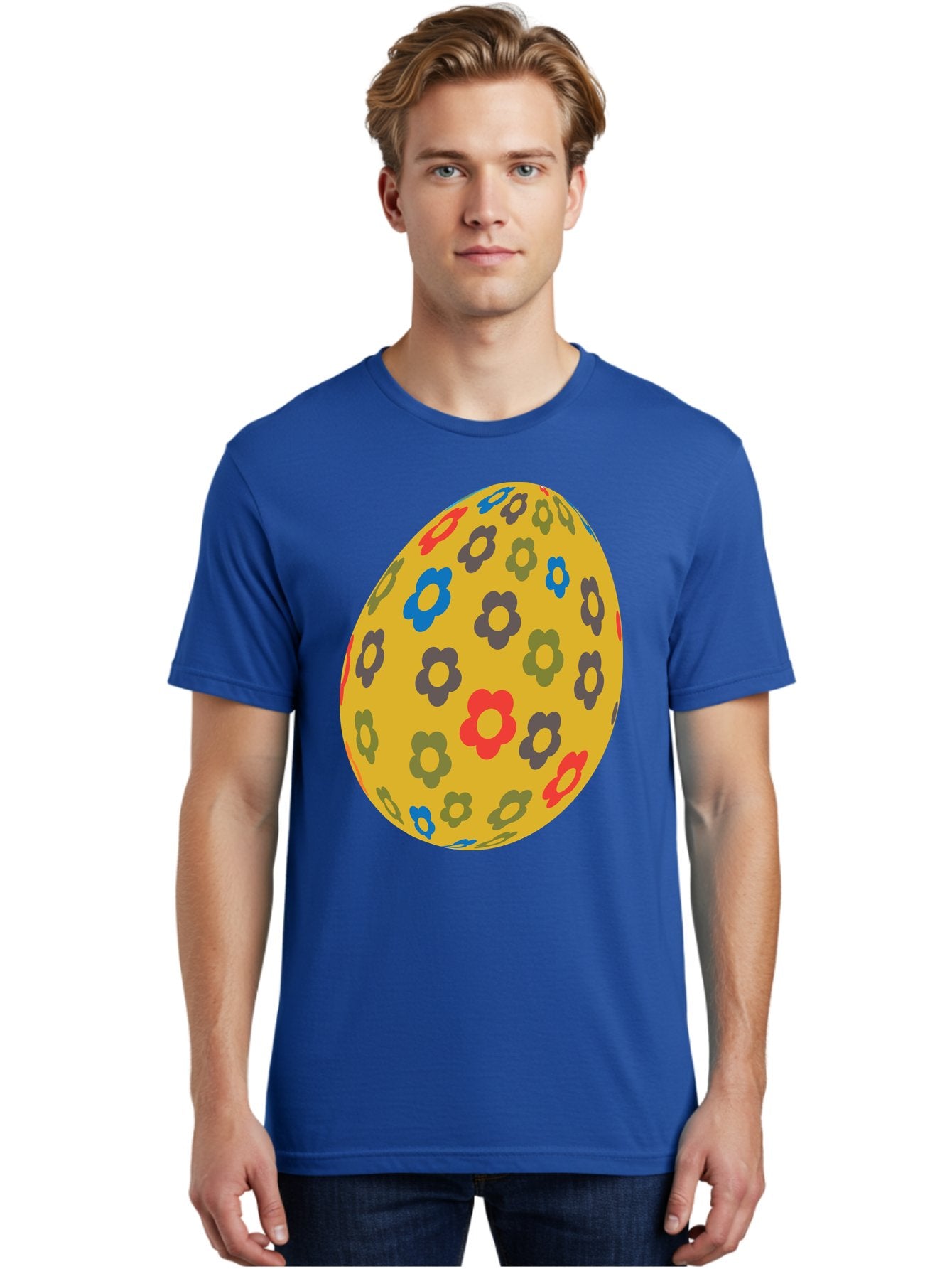 Yellow-Easter-Egg Men'S Graphic Tee, 100% Cotton, Comfortable Casual Summer Wear, Machine Washable, Easter Egg, Floral Pattern, Yellow Background, Colorful Flowers, Red, Blue, Purple, Green Hues, Spring Decoration, Festive Design, Aad325 25