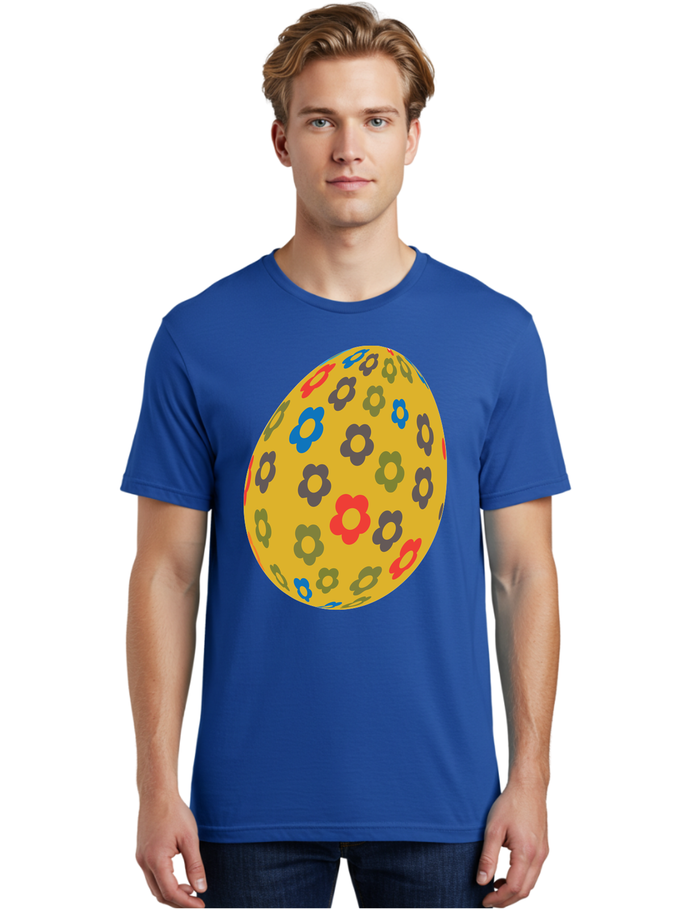 Yellow-Easter-Egg Men'S Graphic Tee, 100% Cotton, Comfortable Casual Summer Wear, Machine Washable, Easter Egg, Floral Pattern, Yellow Background, Colorful Flowers, Red, Blue, Purple, Green Hues, Spring Decoration, Festive Design, Aad325 12