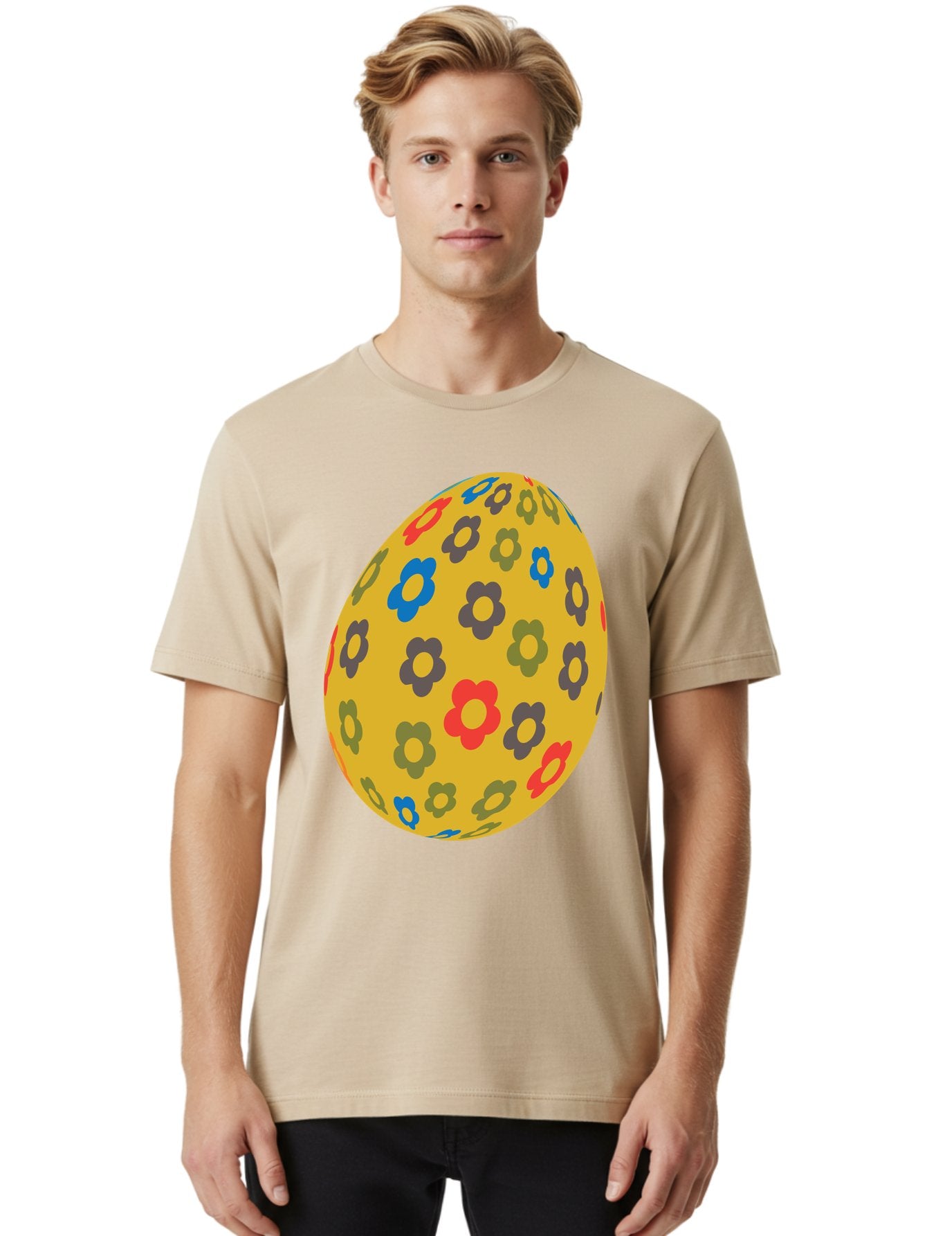 Yellow-Easter-Egg Men'S Graphic Tee, 100% Cotton, Comfortable Casual Summer Wear, Machine Washable, Easter Egg, Floral Pattern, Yellow Background, Colorful Flowers, Red, Blue, Purple, Green Hues, Spring Decoration, Festive Design, Aad325 20