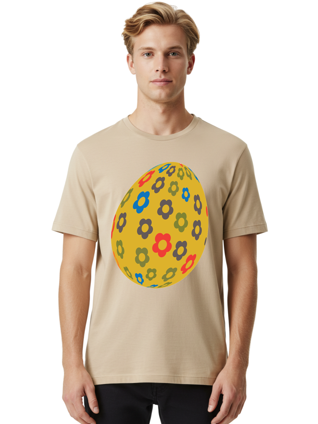 Yellow-Easter-Egg Men'S Graphic Tee, 100% Cotton, Comfortable Casual Summer Wear, Machine Washable, Easter Egg, Floral Pattern, Yellow Background, Colorful Flowers, Red, Blue, Purple, Green Hues, Spring Decoration, Festive Design, Aad325 30