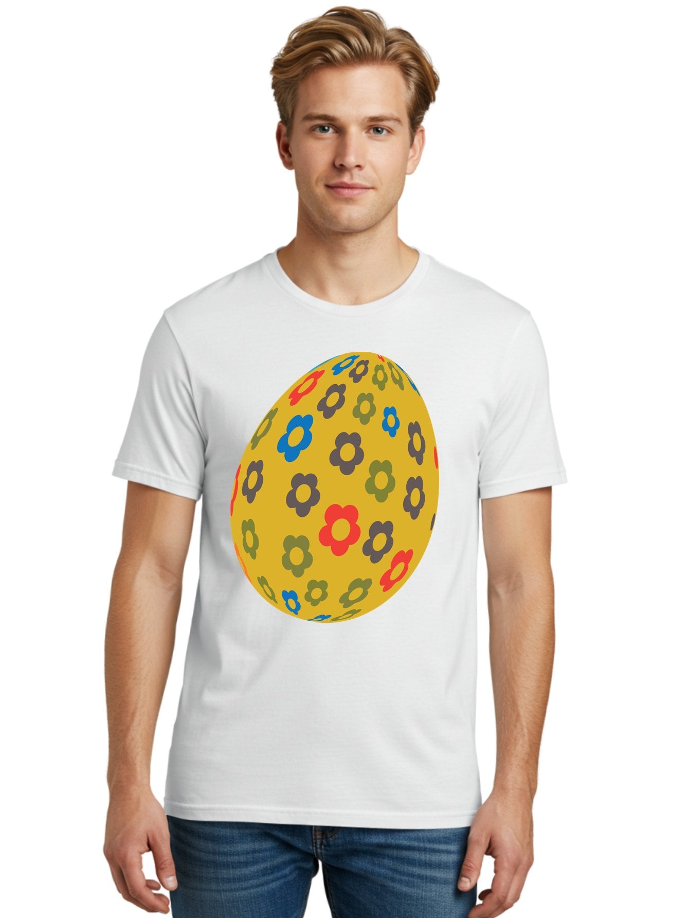 Yellow-Easter-Egg Men'S Graphic Tee, 100% Cotton, Comfortable Casual Summer Wear, Machine Washable, Easter Egg, Floral Pattern, Yellow Background, Colorful Flowers, Red, Blue, Purple, Green Hues, Spring Decoration, Festive Design, Aad325 27