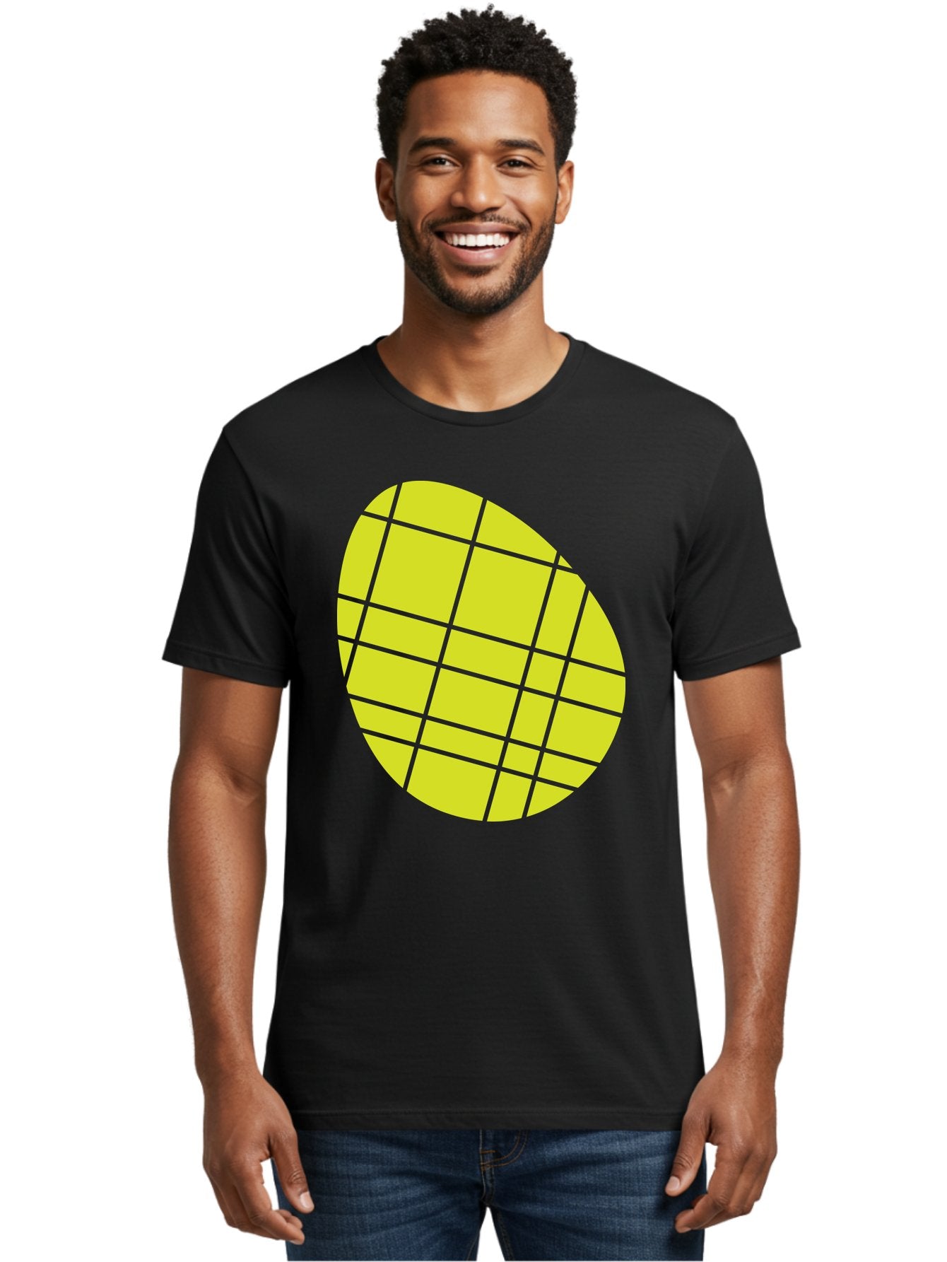 Yellow-Grid Men'S Graphic Tee, 100% Cotton, Comfortable Casual Summer Wear, Machine Washable, Yellow Circle, Grid Pattern, Geometric Shape, Modern Design, Abstract Art, Simple Graphics, Grid Lines, Vibrant Colors Aad326 19