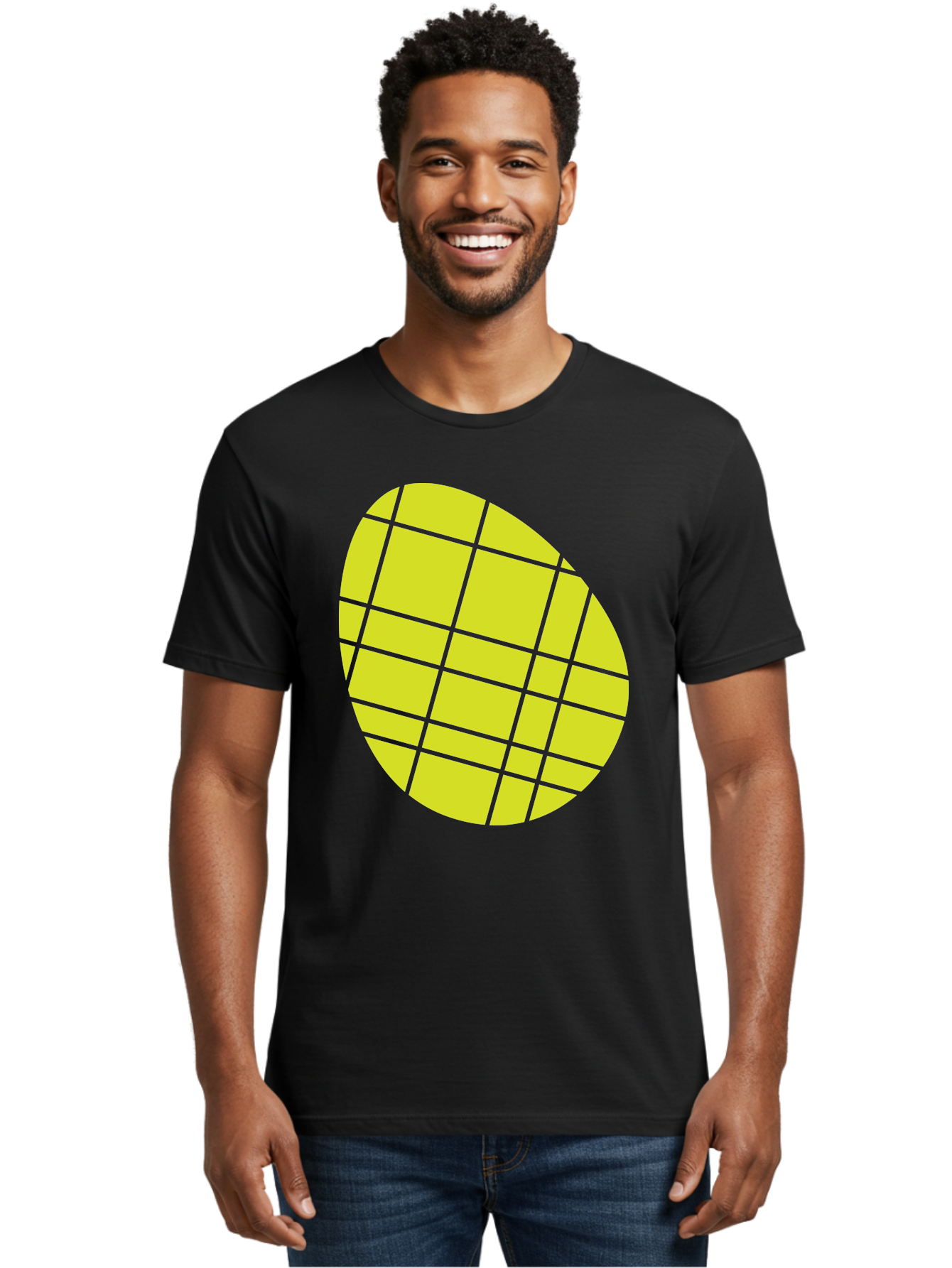 Yellow-Grid Men'S Graphic Tee, 100% Cotton, Comfortable Casual Summer Wear, Machine Washable, Yellow Circle, Grid Pattern, Geometric Shape, Modern Design, Abstract Art, Simple Graphics, Grid Lines, Vibrant Colors Aad326 22