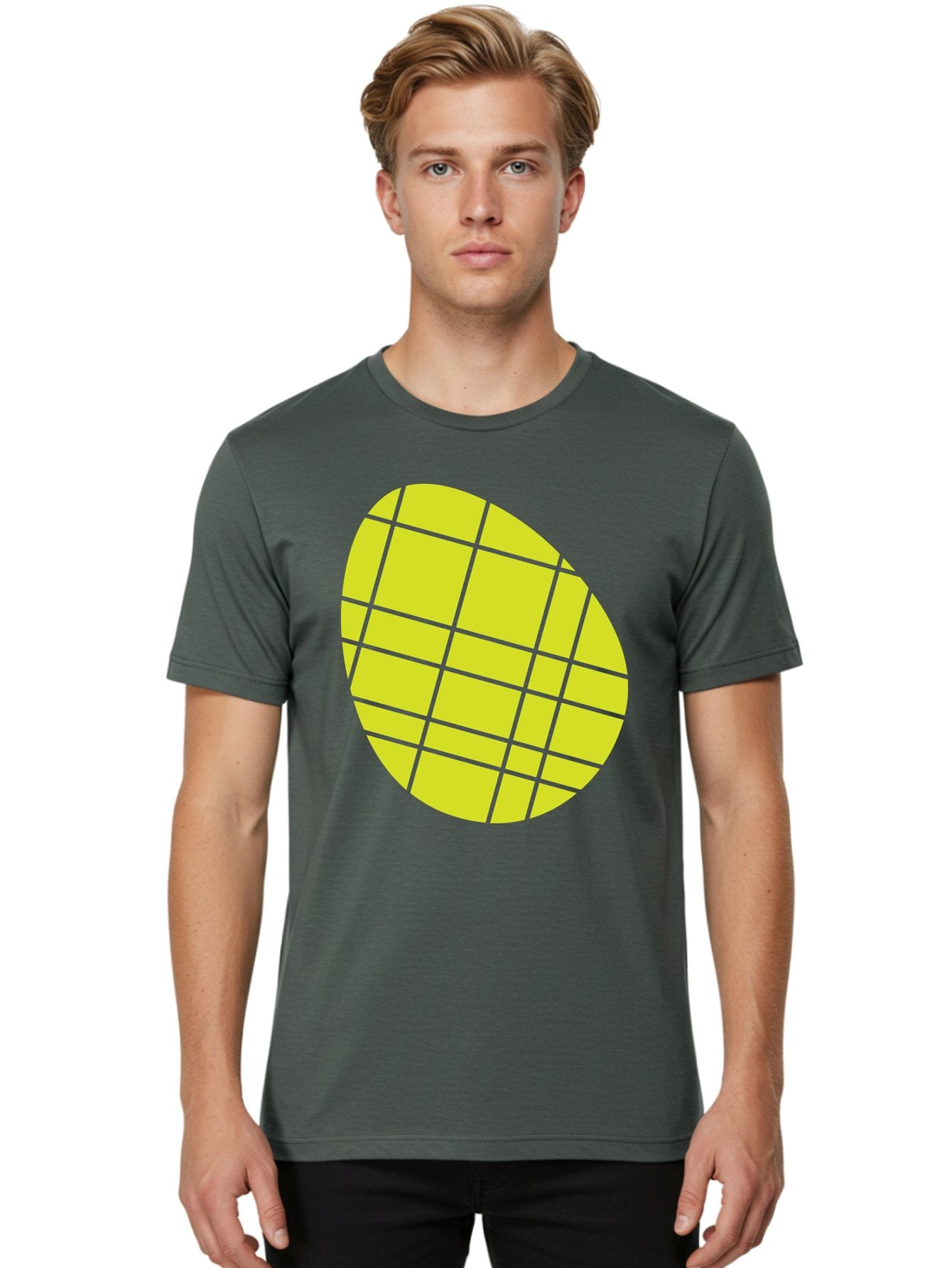 Yellow-Grid Men'S Graphic Tee, 100% Cotton, Comfortable Casual Summer Wear, Machine Washable, Yellow Circle, Grid Pattern, Geometric Shape, Modern Design, Abstract Art, Simple Graphics, Grid Lines, Vibrant Colors Aad326 22