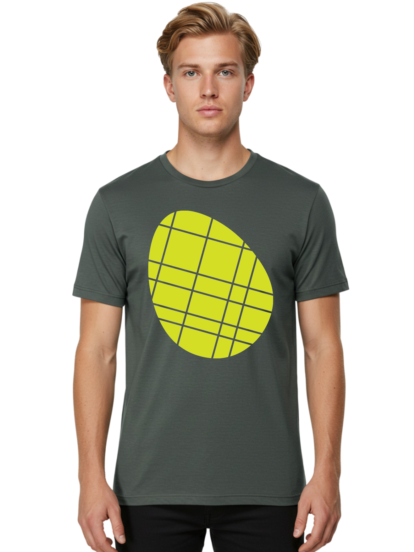 Yellow-Grid Men'S Graphic Tee, 100% Cotton, Comfortable Casual Summer Wear, Machine Washable, Yellow Circle, Grid Pattern, Geometric Shape, Modern Design, Abstract Art, Simple Graphics, Grid Lines, Vibrant Colors Aad326 18