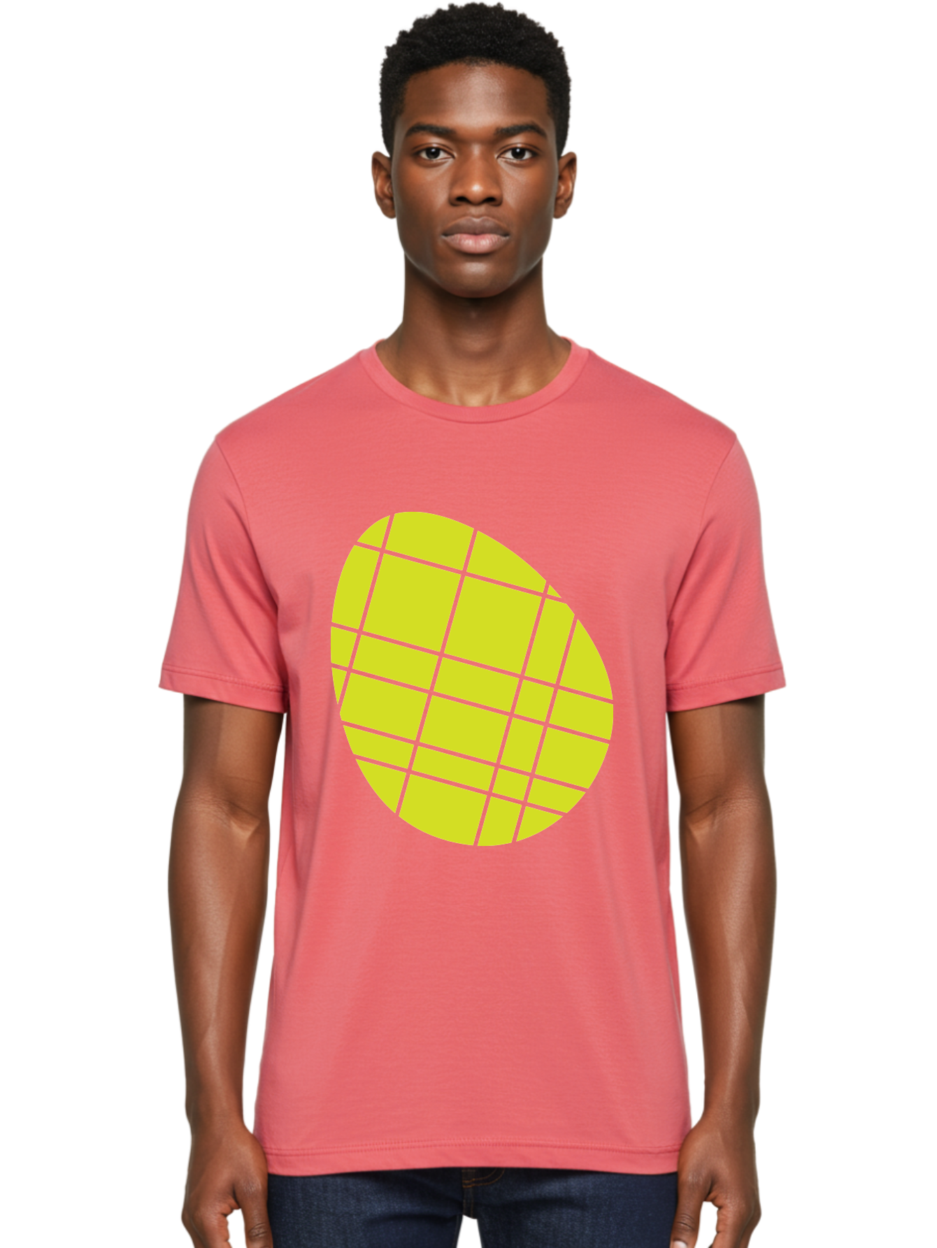 Yellow-Grid Men'S Graphic Tee, 100% Cotton, Comfortable Casual Summer Wear, Machine Washable, Yellow Circle, Grid Pattern, Geometric Shape, Modern Design, Abstract Art, Simple Graphics, Grid Lines, Vibrant Colors Aad326 8