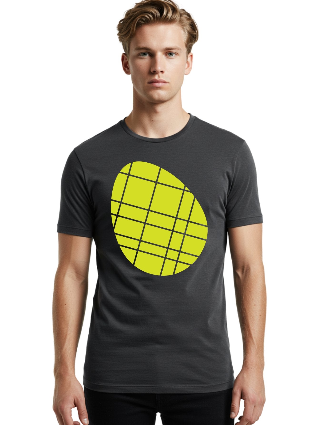 Yellow-Grid Men'S Graphic Tee, 100% Cotton, Comfortable Casual Summer Wear, Machine Washable, Yellow Circle, Grid Pattern, Geometric Shape, Modern Design, Abstract Art, Simple Graphics, Grid Lines, Vibrant Colors Aad326 28