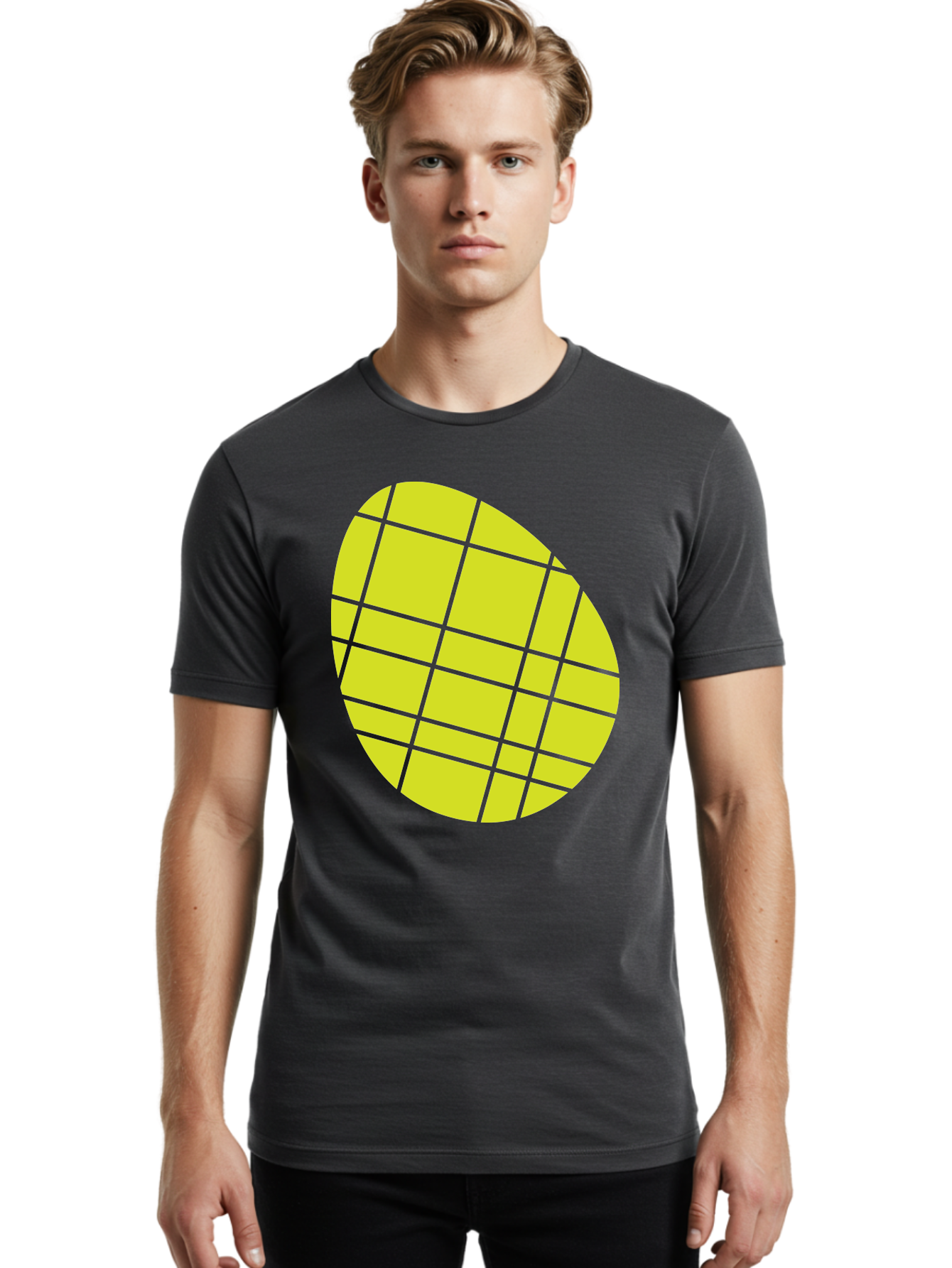 Yellow-Grid Men'S Graphic Tee, 100% Cotton, Comfortable Casual Summer Wear, Machine Washable, Yellow Circle, Grid Pattern, Geometric Shape, Modern Design, Abstract Art, Simple Graphics, Grid Lines, Vibrant Colors Aad326 6