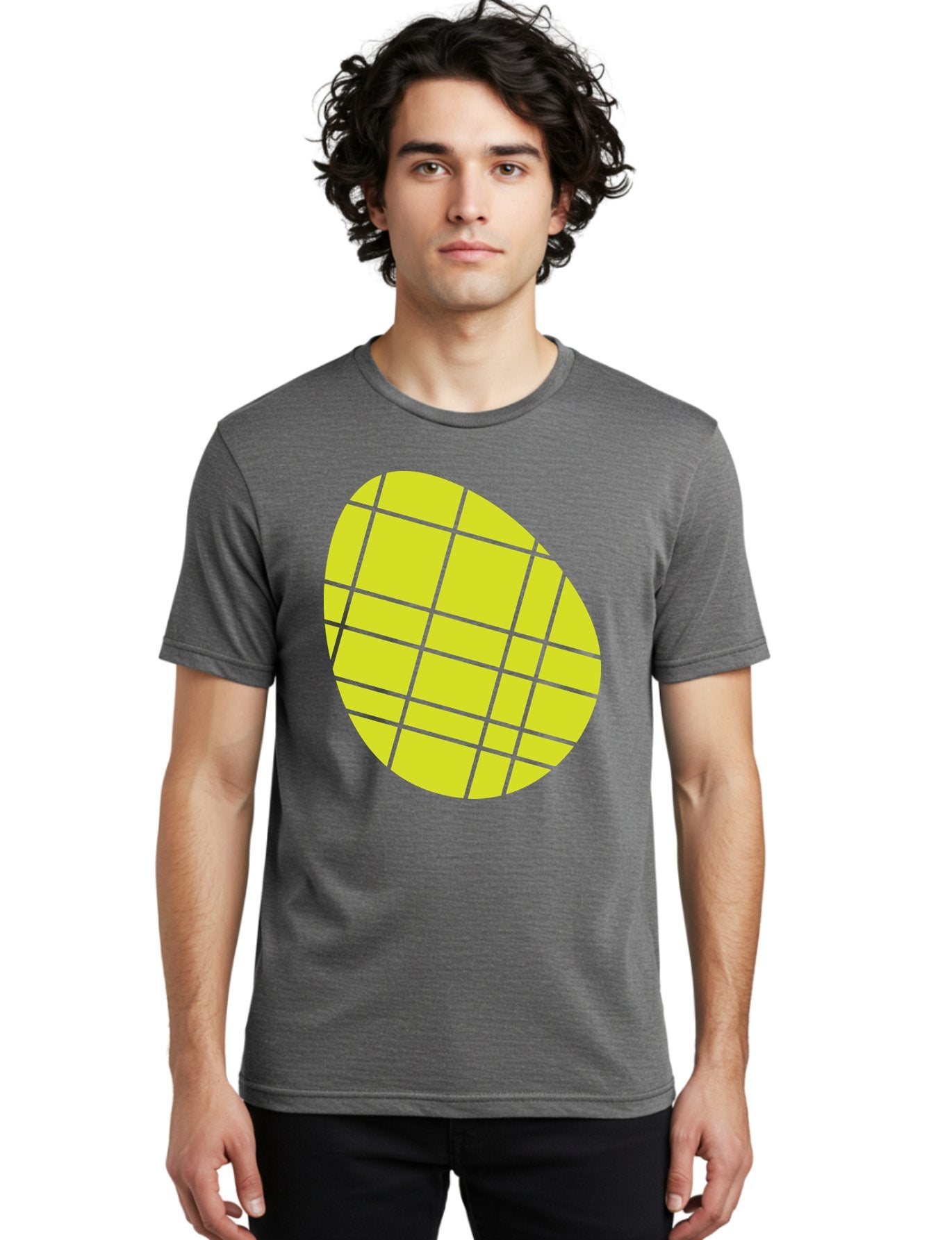 Yellow-Grid Men'S Graphic Tee, 100% Cotton, Comfortable Casual Summer Wear, Machine Washable, Yellow Circle, Grid Pattern, Geometric Shape, Modern Design, Abstract Art, Simple Graphics, Grid Lines, Vibrant Colors Aad326 23