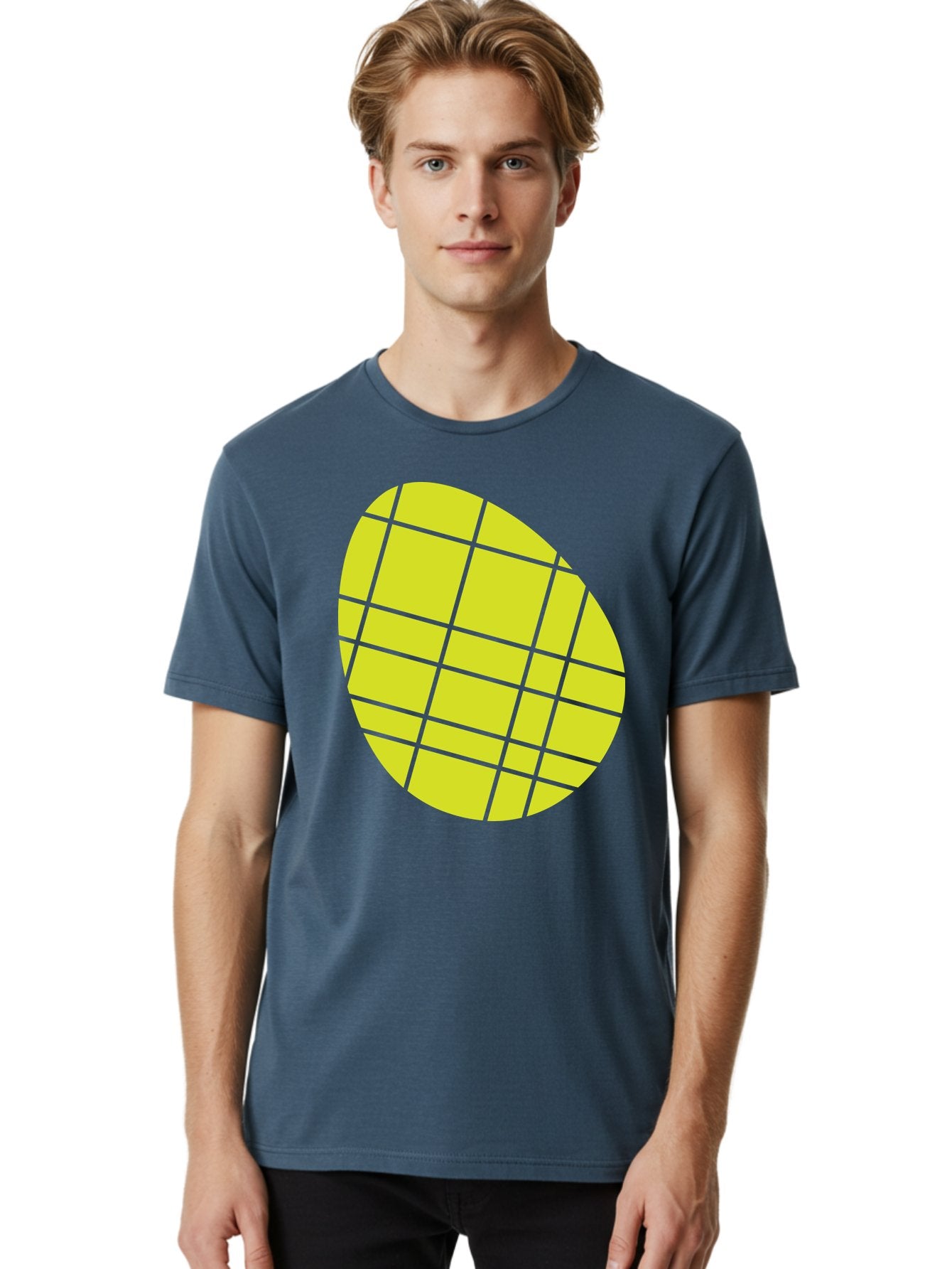 Yellow-Grid Men'S Graphic Tee, 100% Cotton, Comfortable Casual Summer Wear, Machine Washable, Yellow Circle, Grid Pattern, Geometric Shape, Modern Design, Abstract Art, Simple Graphics, Grid Lines, Vibrant Colors Aad326 17