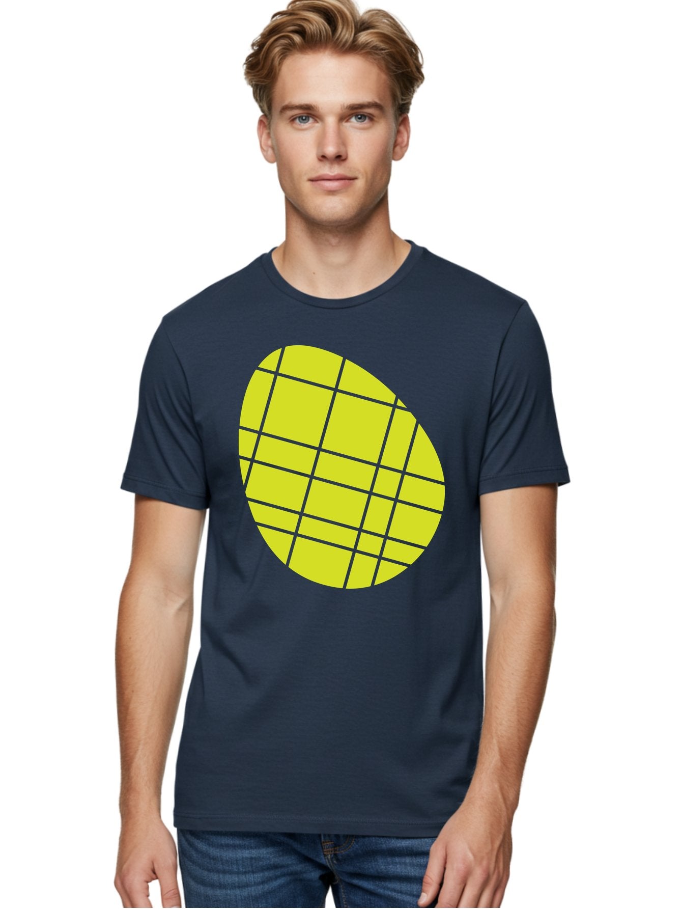 Yellow-Grid Men'S Graphic Tee, 100% Cotton, Comfortable Casual Summer Wear, Machine Washable, Yellow Circle, Grid Pattern, Geometric Shape, Modern Design, Abstract Art, Simple Graphics, Grid Lines, Vibrant Colors Aad326 24
