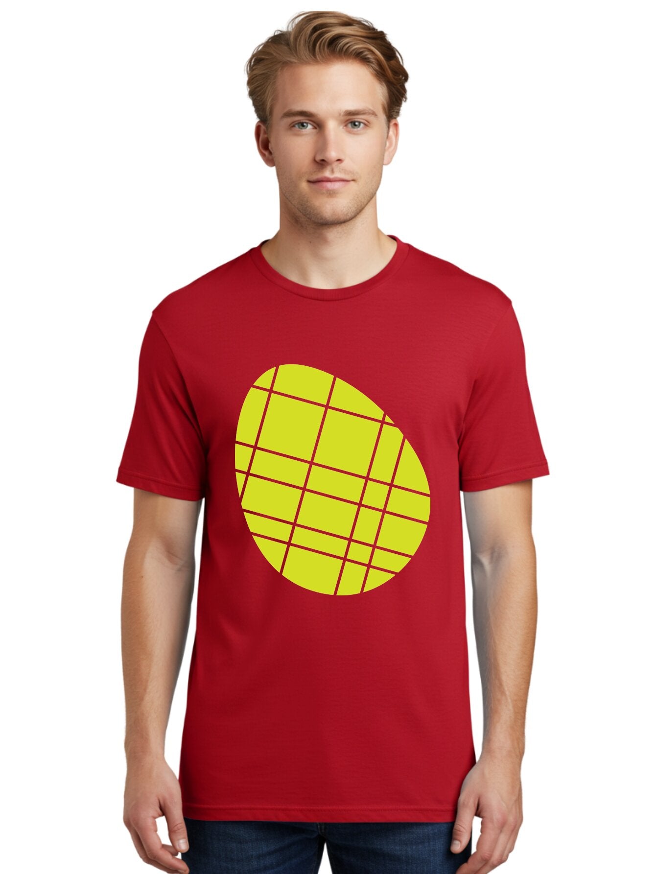 Yellow-Grid Men'S Graphic Tee, 100% Cotton, Comfortable Casual Summer Wear, Machine Washable, Yellow Circle, Grid Pattern, Geometric Shape, Modern Design, Abstract Art, Simple Graphics, Grid Lines, Vibrant Colors Aad326 26