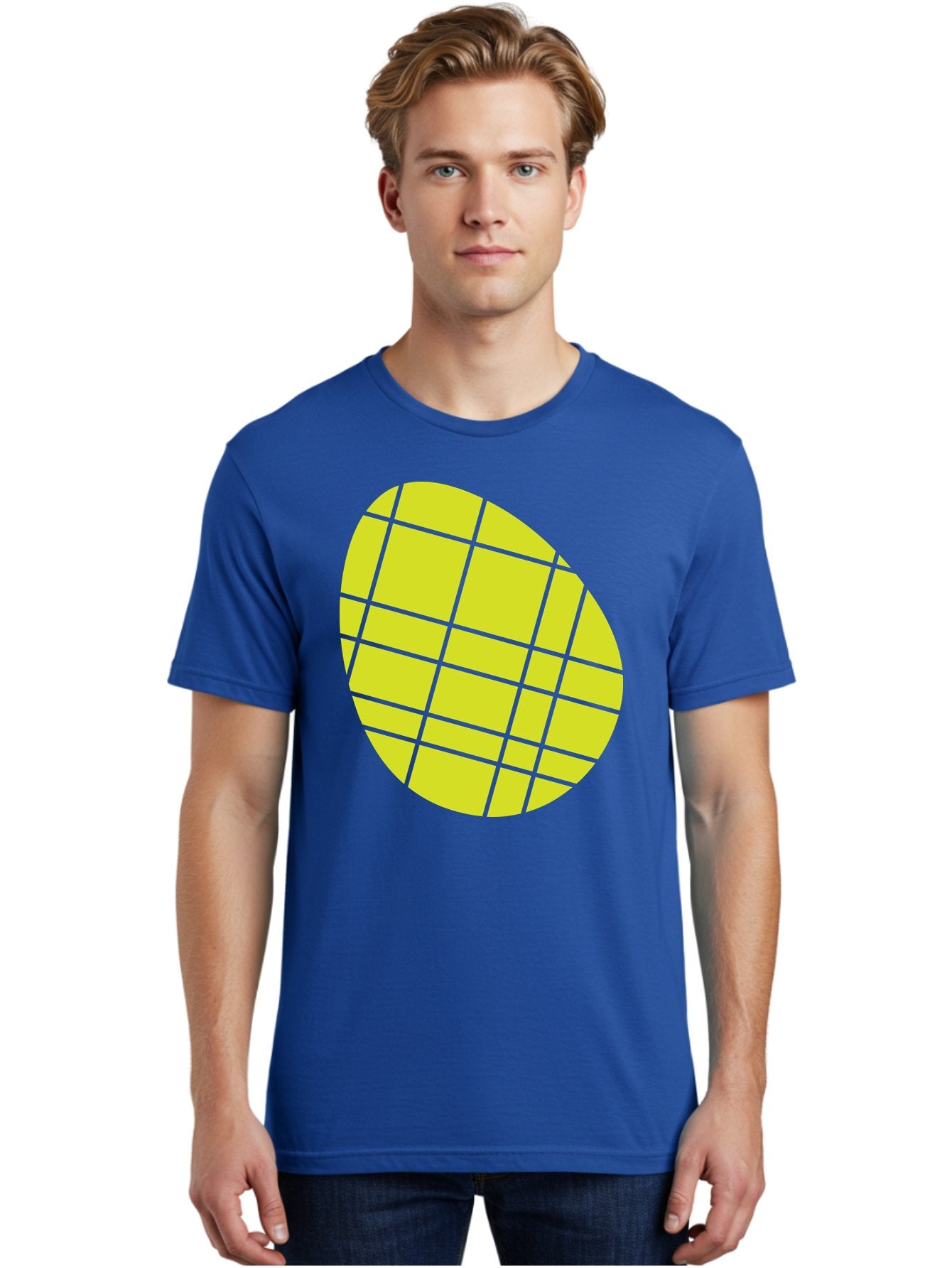 Yellow-Grid Men'S Graphic Tee, 100% Cotton, Comfortable Casual Summer Wear, Machine Washable, Yellow Circle, Grid Pattern, Geometric Shape, Modern Design, Abstract Art, Simple Graphics, Grid Lines, Vibrant Colors Aad326 16