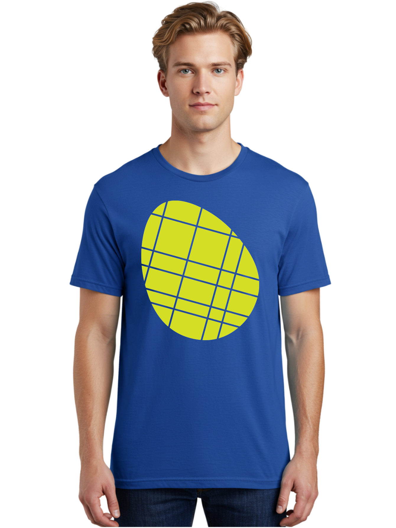 Yellow-Grid Men'S Graphic Tee, 100% Cotton, Comfortable Casual Summer Wear, Machine Washable, Yellow Circle, Grid Pattern, Geometric Shape, Modern Design, Abstract Art, Simple Graphics, Grid Lines, Vibrant Colors Aad326 26