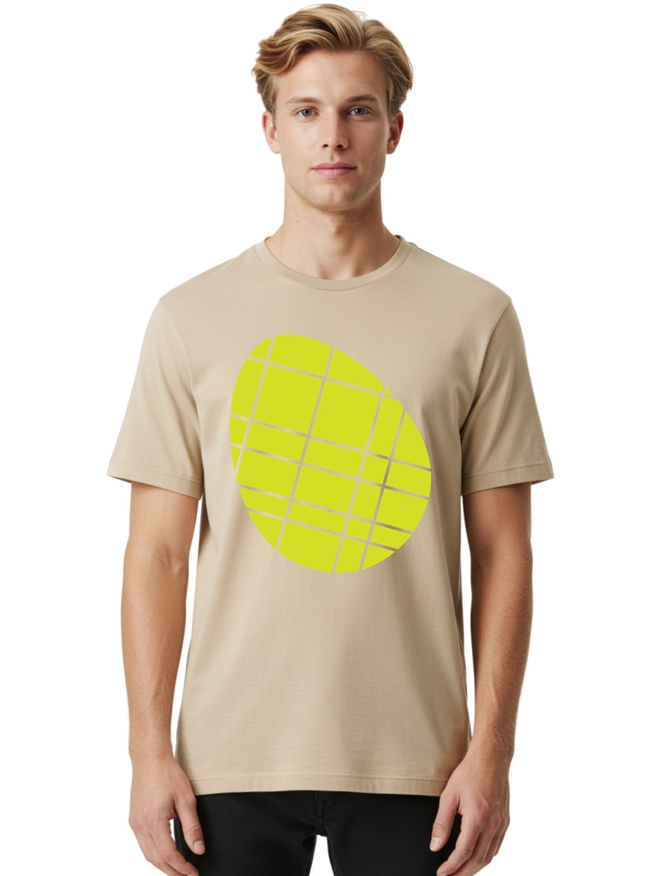 Yellow-Grid Men'S Graphic Tee, 100% Cotton, Comfortable Casual Summer Wear, Machine Washable, Yellow Circle, Grid Pattern, Geometric Shape, Modern Design, Abstract Art, Simple Graphics, Grid Lines, Vibrant Colors Aad326 30