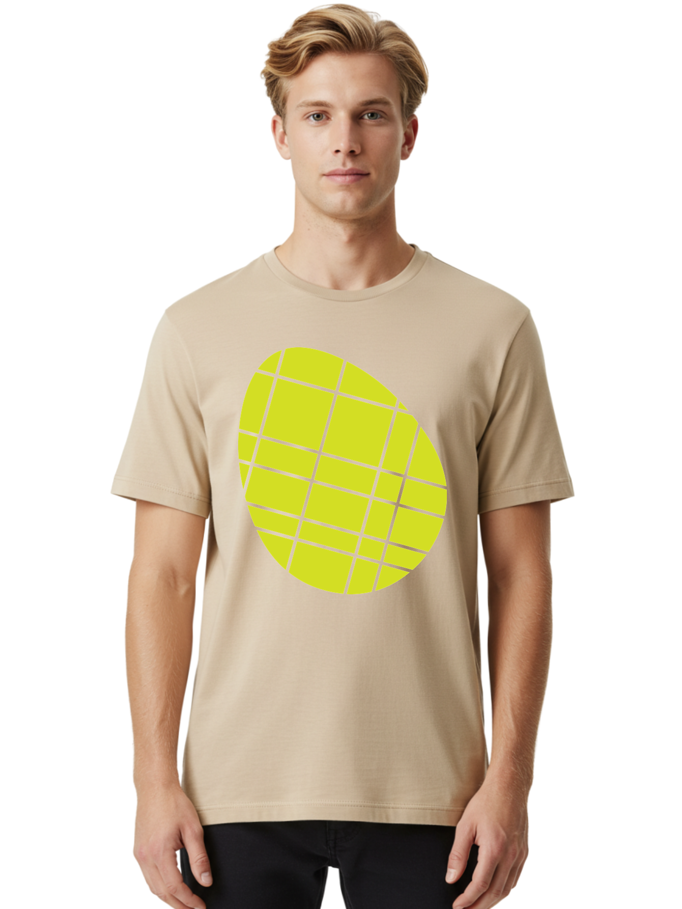 Yellow-Grid Men'S Graphic Tee, 100% Cotton, Comfortable Casual Summer Wear, Machine Washable, Yellow Circle, Grid Pattern, Geometric Shape, Modern Design, Abstract Art, Simple Graphics, Grid Lines, Vibrant Colors Aad326