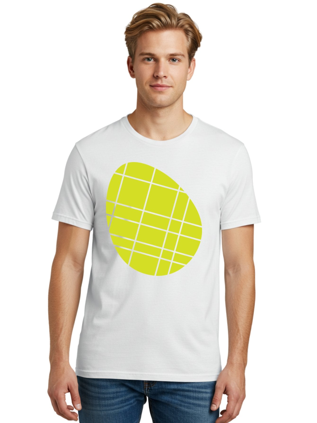 Yellow-Grid Men'S Graphic Tee, 100% Cotton, Comfortable Casual Summer Wear, Machine Washable, Yellow Circle, Grid Pattern, Geometric Shape, Modern Design, Abstract Art, Simple Graphics, Grid Lines, Vibrant Colors Aad326 25