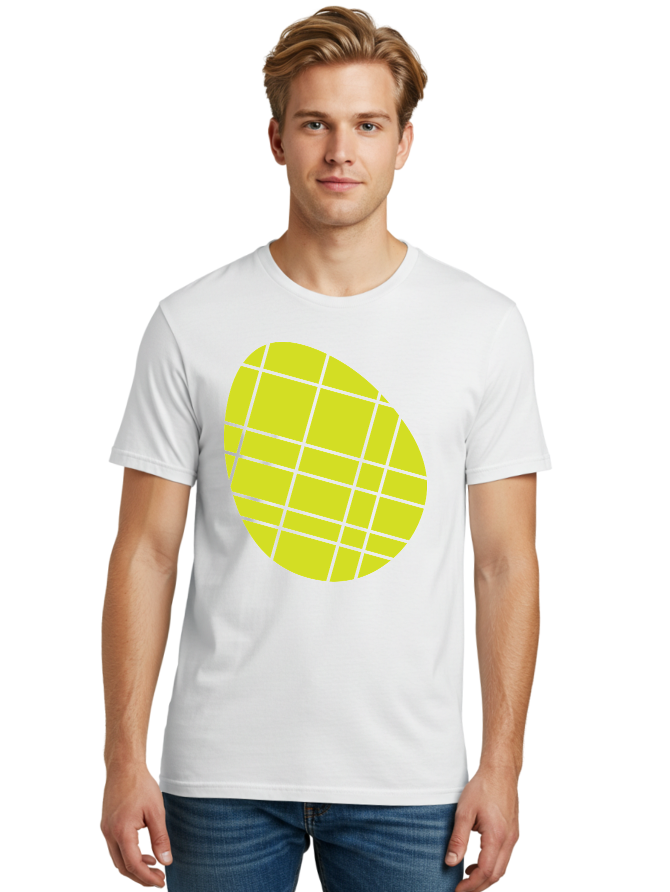 Yellow-Grid Men'S Graphic Tee, 100% Cotton, Comfortable Casual Summer Wear, Machine Washable, Yellow Circle, Grid Pattern, Geometric Shape, Modern Design, Abstract Art, Simple Graphics, Grid Lines, Vibrant Colors Aad326 12
