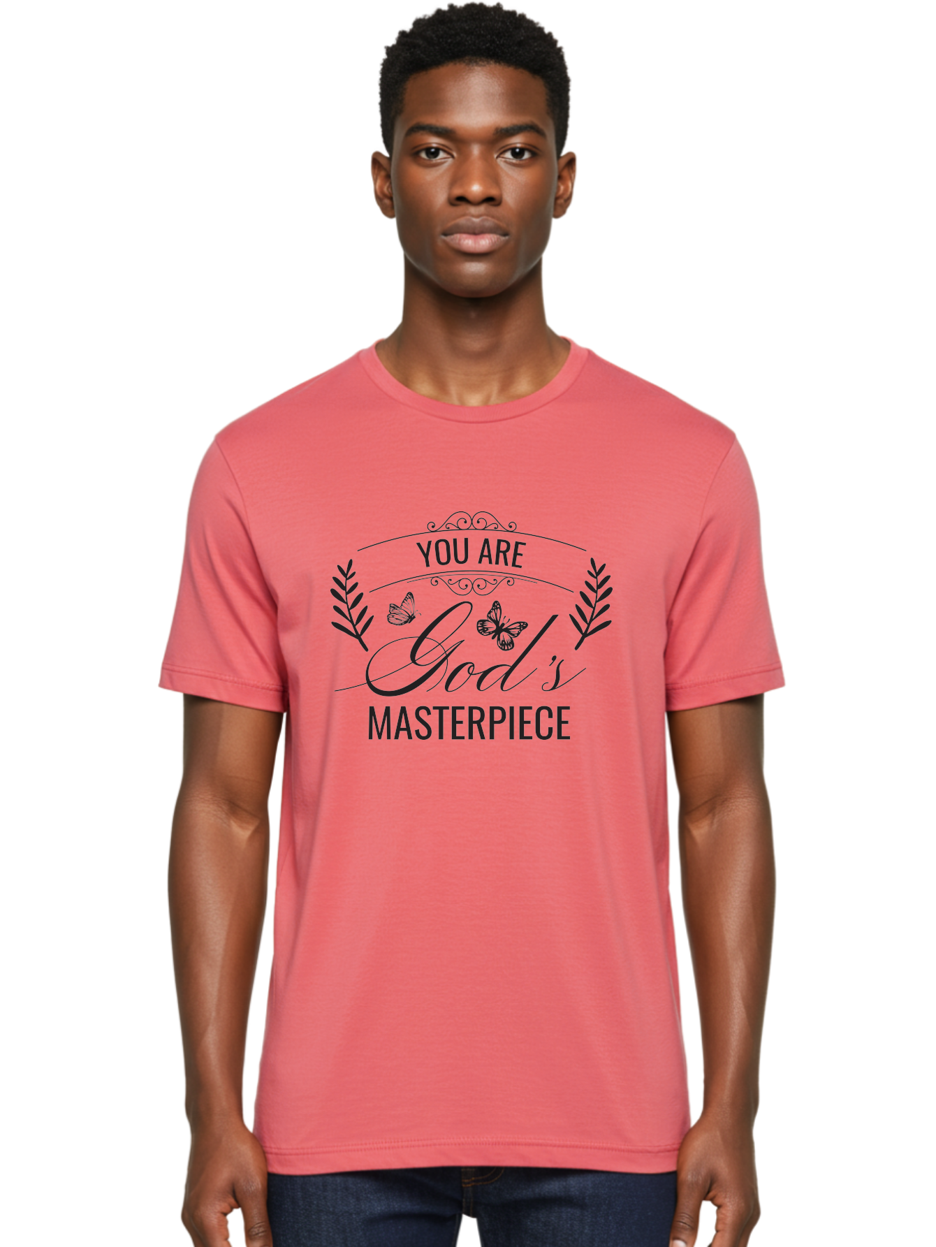 You-Are-God-S-Masterpiece Men'S Graphic Tee, 100% Cotton, Comfortable Casual Summer Wear, Machine Washable, Inspirational Quote, Motivational Words, Butterflies, Leaves, Floral Design, Elegant Typography, Faith-Based Message, Aad330 10