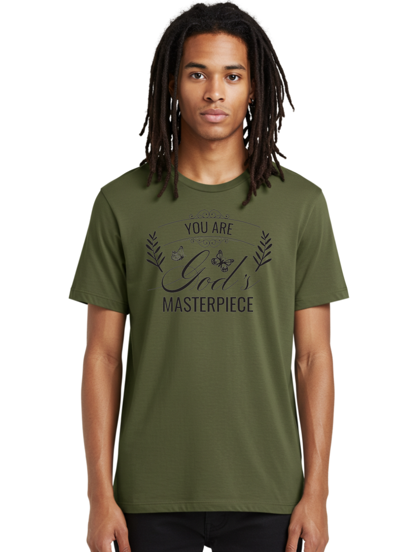 You-Are-God-S-Masterpiece Men'S Graphic Tee, 100% Cotton, Comfortable Casual Summer Wear, Machine Washable, Inspirational Quote, Motivational Words, Butterflies, Leaves, Floral Design, Elegant Typography, Faith-Based Message, Aad330