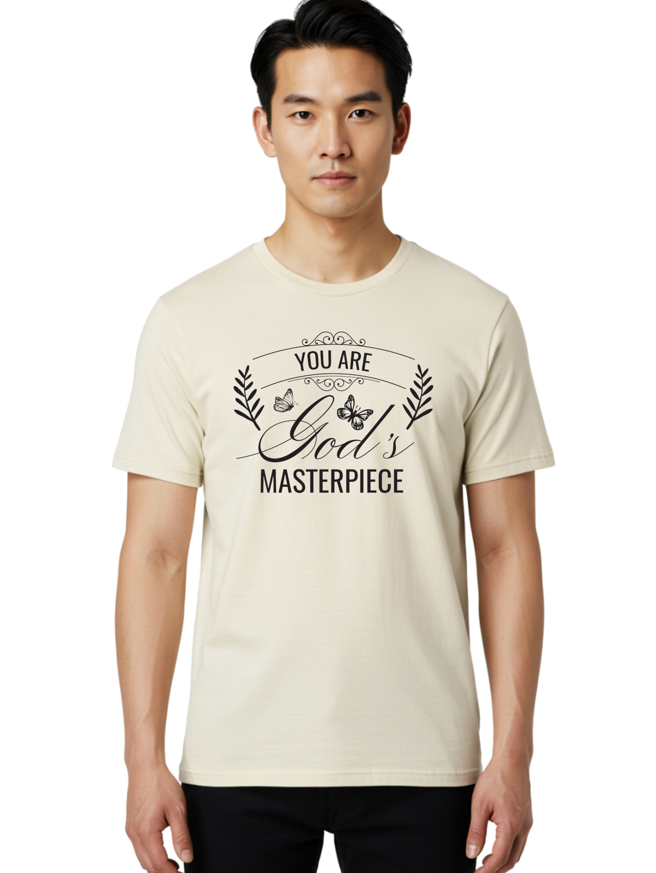 You-Are-God-S-Masterpiece Men'S Graphic Tee, 100% Cotton, Comfortable Casual Summer Wear, Machine Washable, Inspirational Quote, Motivational Words, Butterflies, Leaves, Floral Design, Elegant Typography, Faith-Based Message, Aad330 28