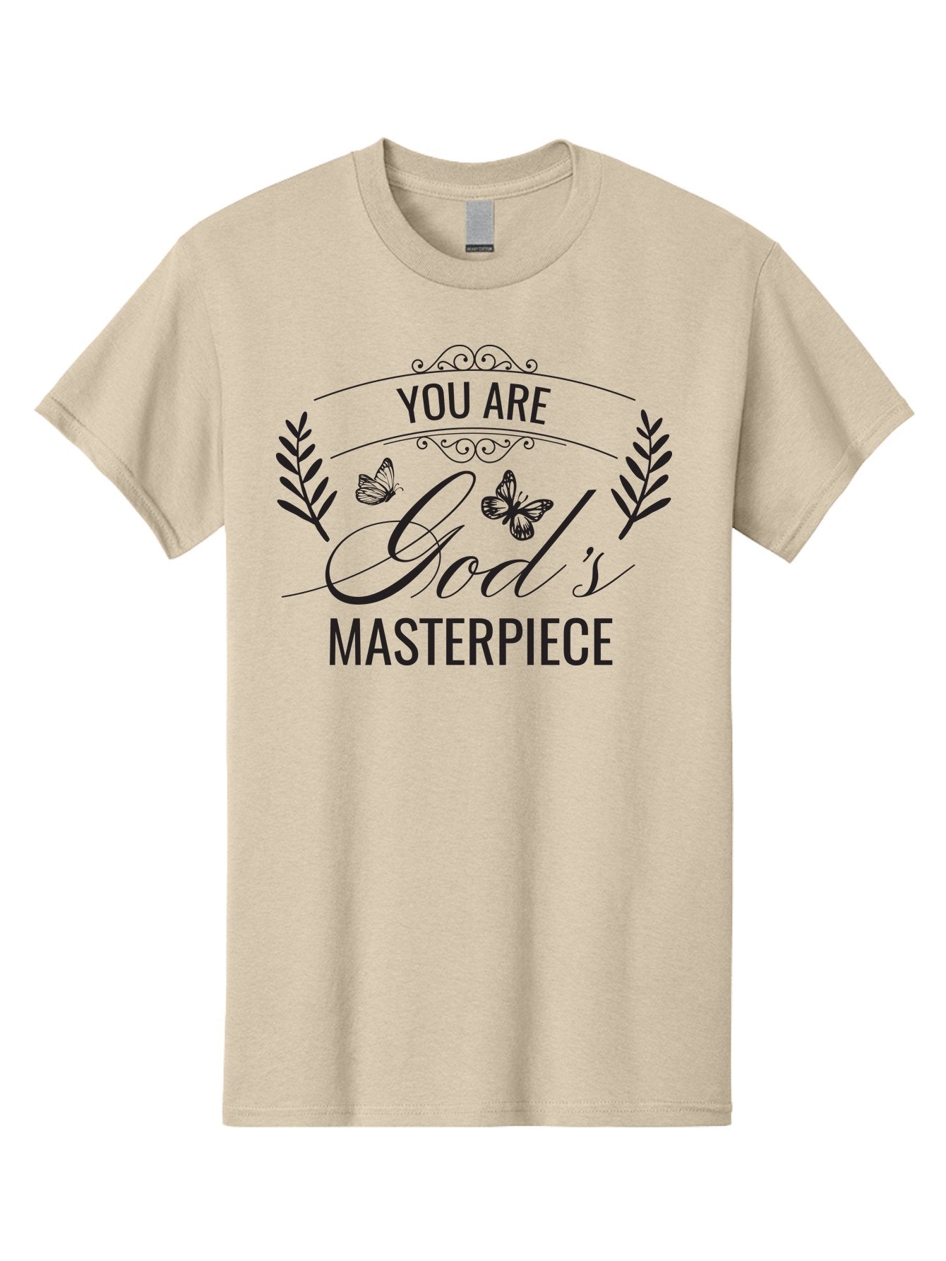 You-Are-God-S-Masterpiece Men'S Graphic Tee, 100% Cotton, Comfortable Casual Summer Wear, Machine Washable, Inspirational Quote, Motivational Words, Butterflies, Leaves, Floral Design, Elegant Typography, Faith-Based Message, Aad330 8