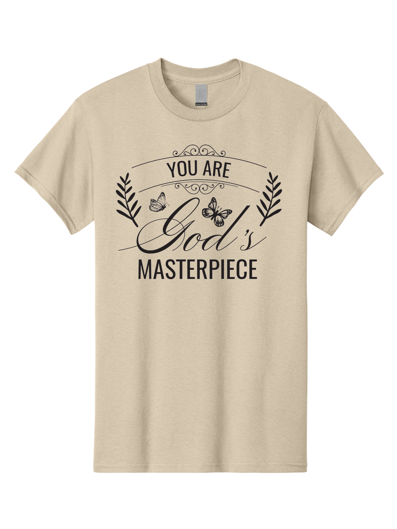 You-Are-God-S-Masterpiece Men'S Graphic Tee, 100% Cotton, Comfortable Casual Summer Wear, Machine Washable, Inspirational Quote, Motivational Words, Butterflies, Leaves, Floral Design, Elegant Typography, Faith-Based Message, Aad330 11