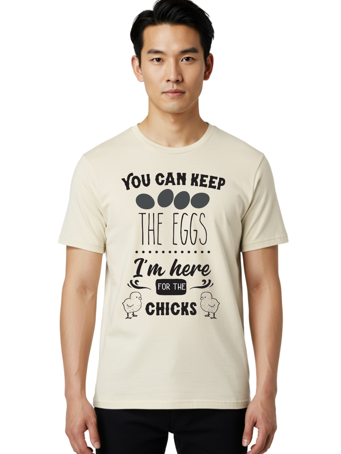 You-Can-Keep-The-Eggs-I-M-Here-For-The-Chicks Men'S Graphic Tee, 100% Cotton, Comfortable Casual Summer Wear, Machine Washable, Funny Quote, Humorous Saying, Eggs And Chicks, Playful Phrase, Cute Chicks, Egg Joke, Chick Humor, Punny Graphic, Aad338 4