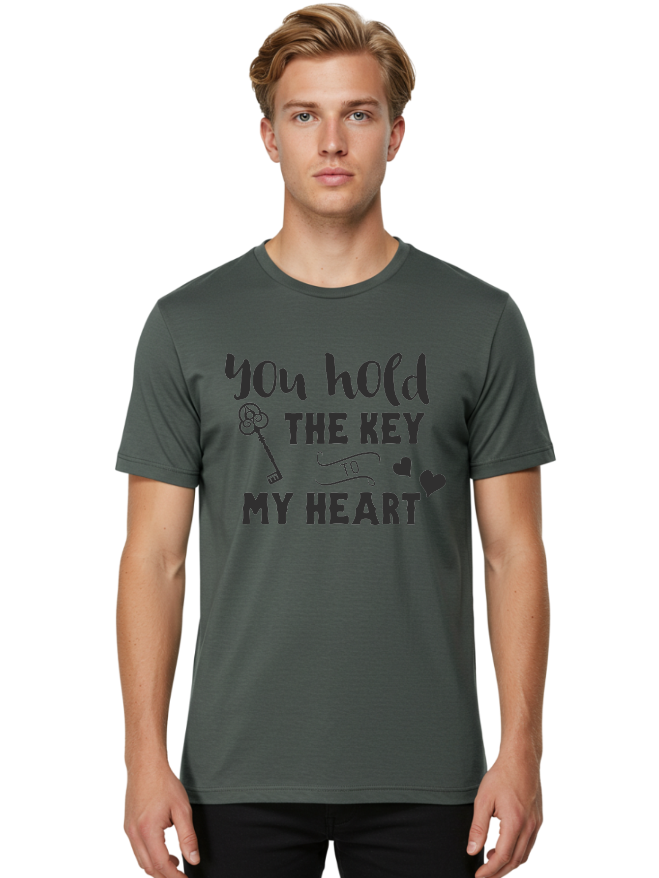 You-Hold-The-Key-To-My-Heart Men'S Graphic Tee, 100% Cotton, Comfortable Casual Summer Wear, Machine Washable, Romantic Quote, Love Message, Valentines Day Gift, Heartwarming Phrase, Couple Goals, Love Key, Heart Symbol, Decorative Hearts Aad342