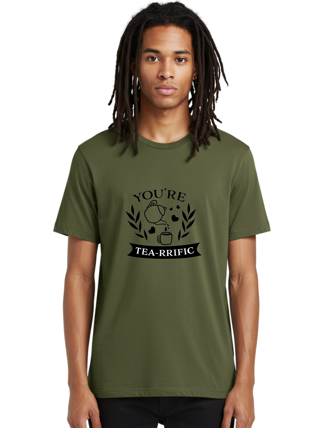 You-Re-Tea-Rrific Men'S Graphic Tee, 100% Cotton, Comfortable Casual Summer Wear, Machine Washable, Tea-Rific, Tea Lover, Punny Design, Heartwarming Message, Tea Time, Teapot, Hearts, Laurel Wreath Aad348
