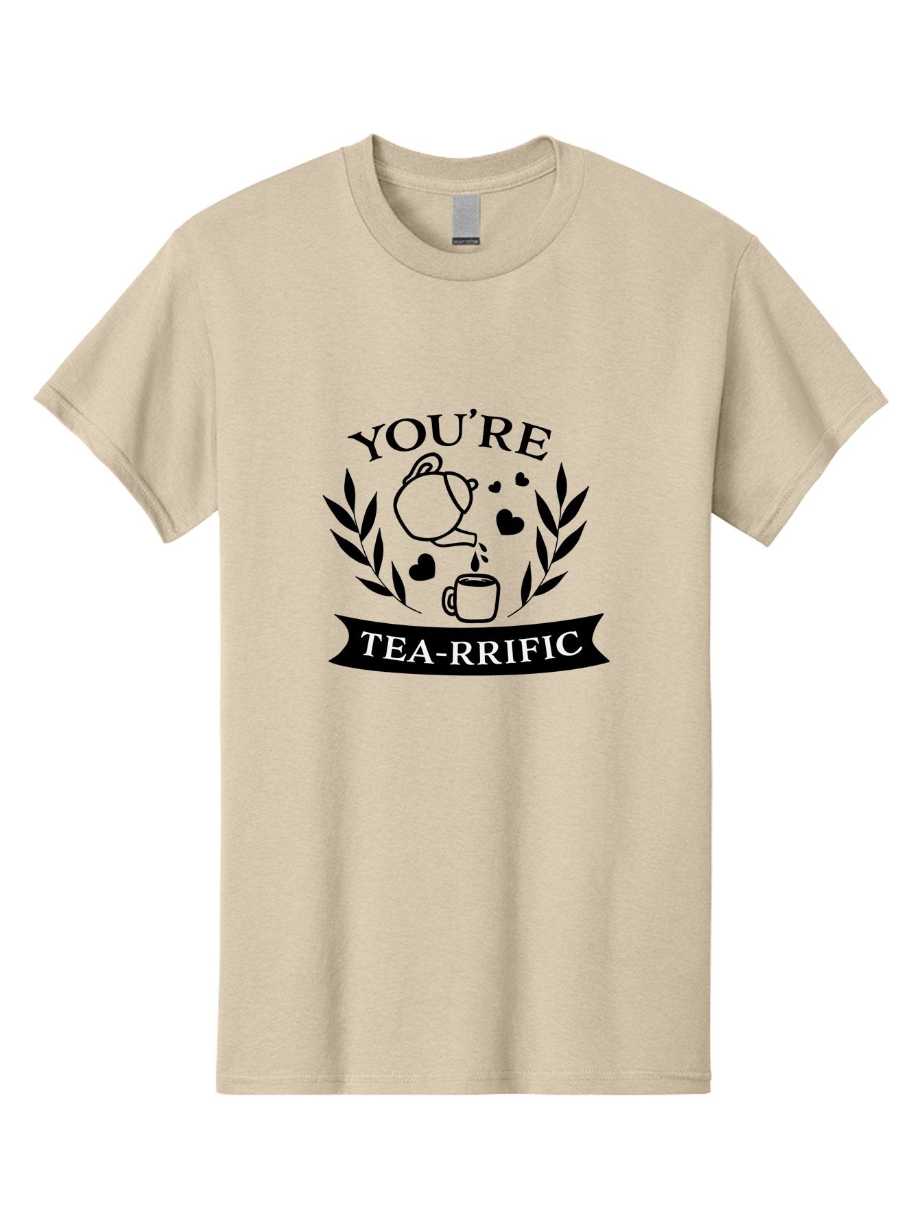 You-Re-Tea-Rrific Men'S Graphic Tee, 100% Cotton, Comfortable Casual Summer Wear, Machine Washable, Tea-Rific, Tea Lover, Punny Design, Heartwarming Message, Tea Time, Teapot, Hearts, Laurel Wreath Aad348