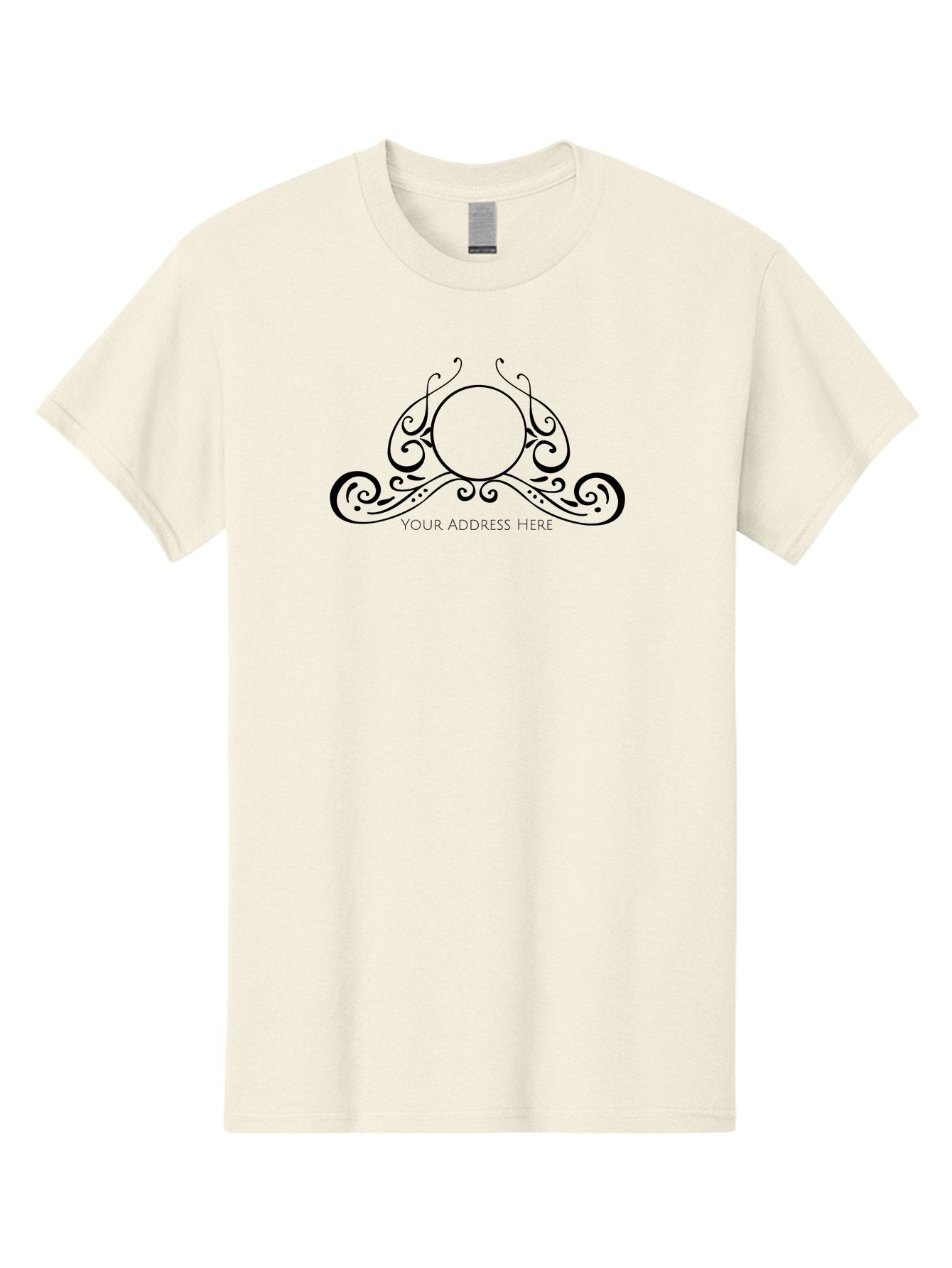 Your-Address-Here Men'S Graphic Tee, 100% Cotton, Comfortable Casual Summer Wear, Machine Washable, Floral Design, Swirling Patterns, Black Ornaments, Circular Frame, Decorative Elements, Elegant Typography, Vintage Style, Aad351