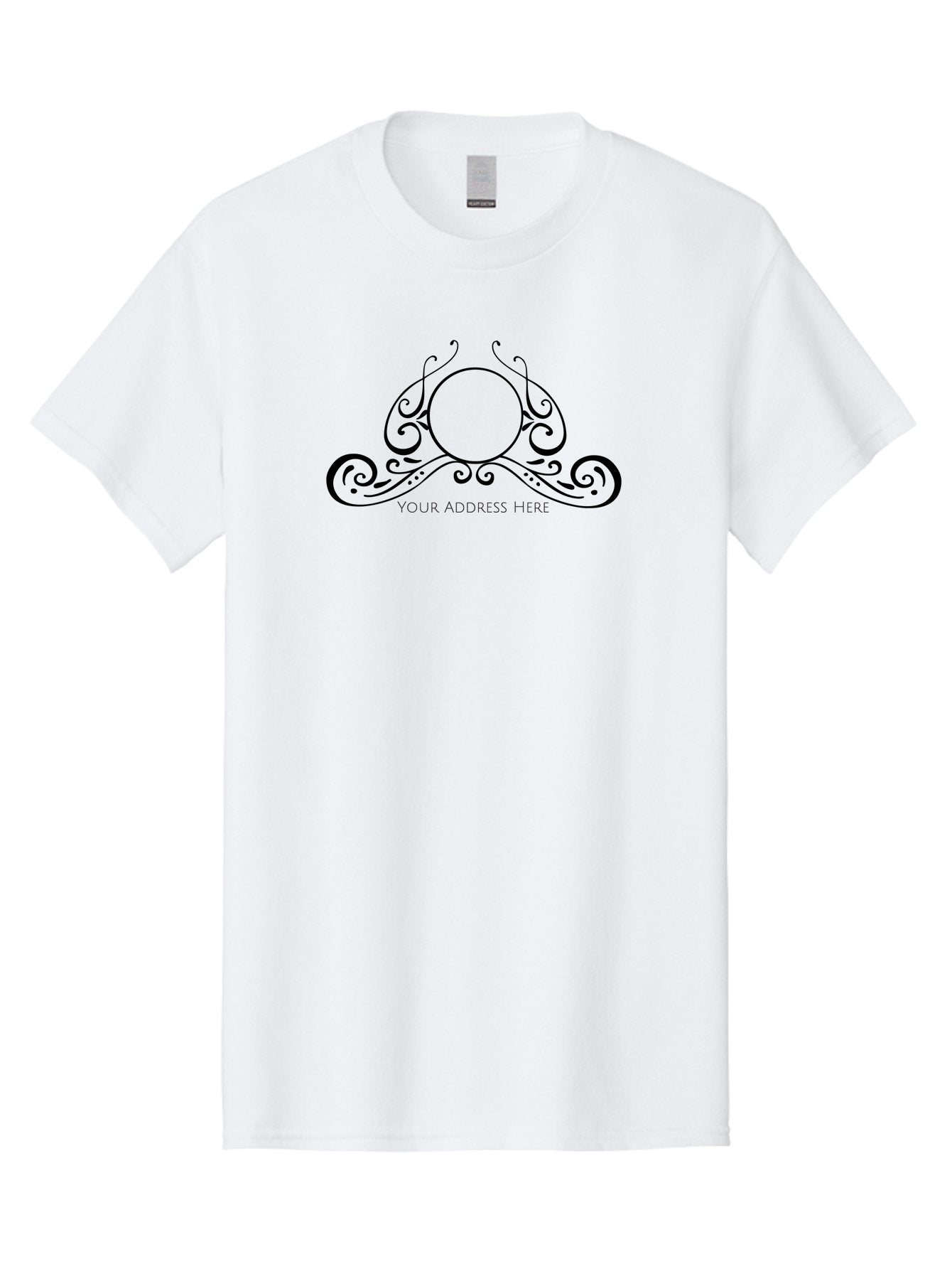 Your-Address-Here Men'S Graphic Tee, 100% Cotton, Comfortable Casual Summer Wear, Machine Washable, Floral Design, Swirling Patterns, Black Ornaments, Circular Frame, Decorative Elements, Elegant Typography, Vintage Style, Aad351 11